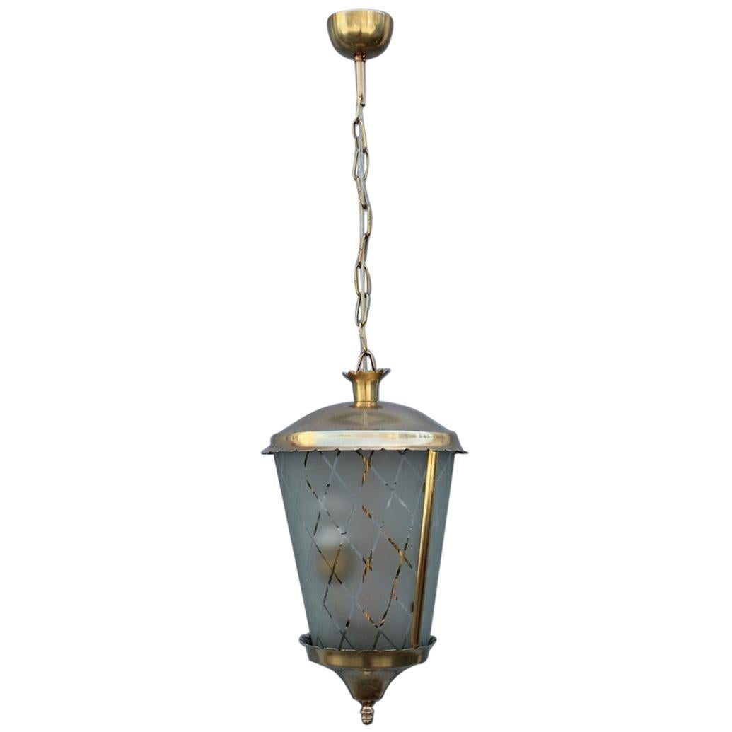 Italian Midcentury Round Lantern in Satin Glass and Brass, 1950s