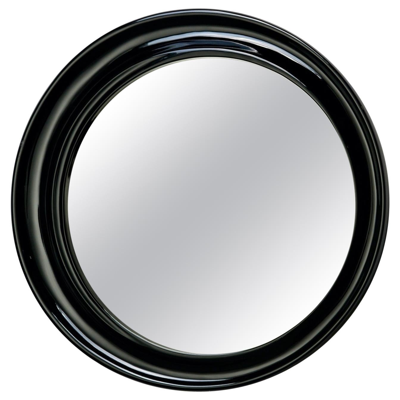 Italian Midcentury Round Mirror with Deep Off-Center Black Frame