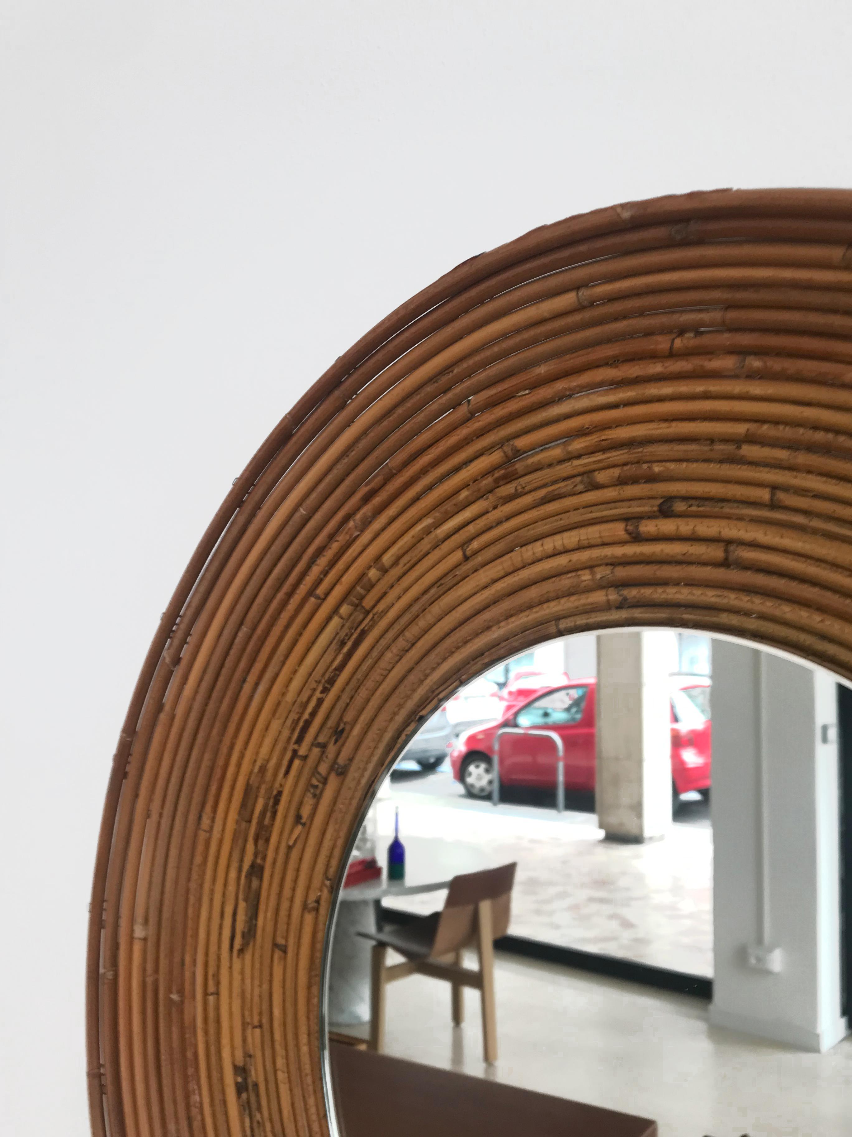 Italian Mid-Century Round Rattan Bamboo Wall Mirror, 1960s For Sale 4