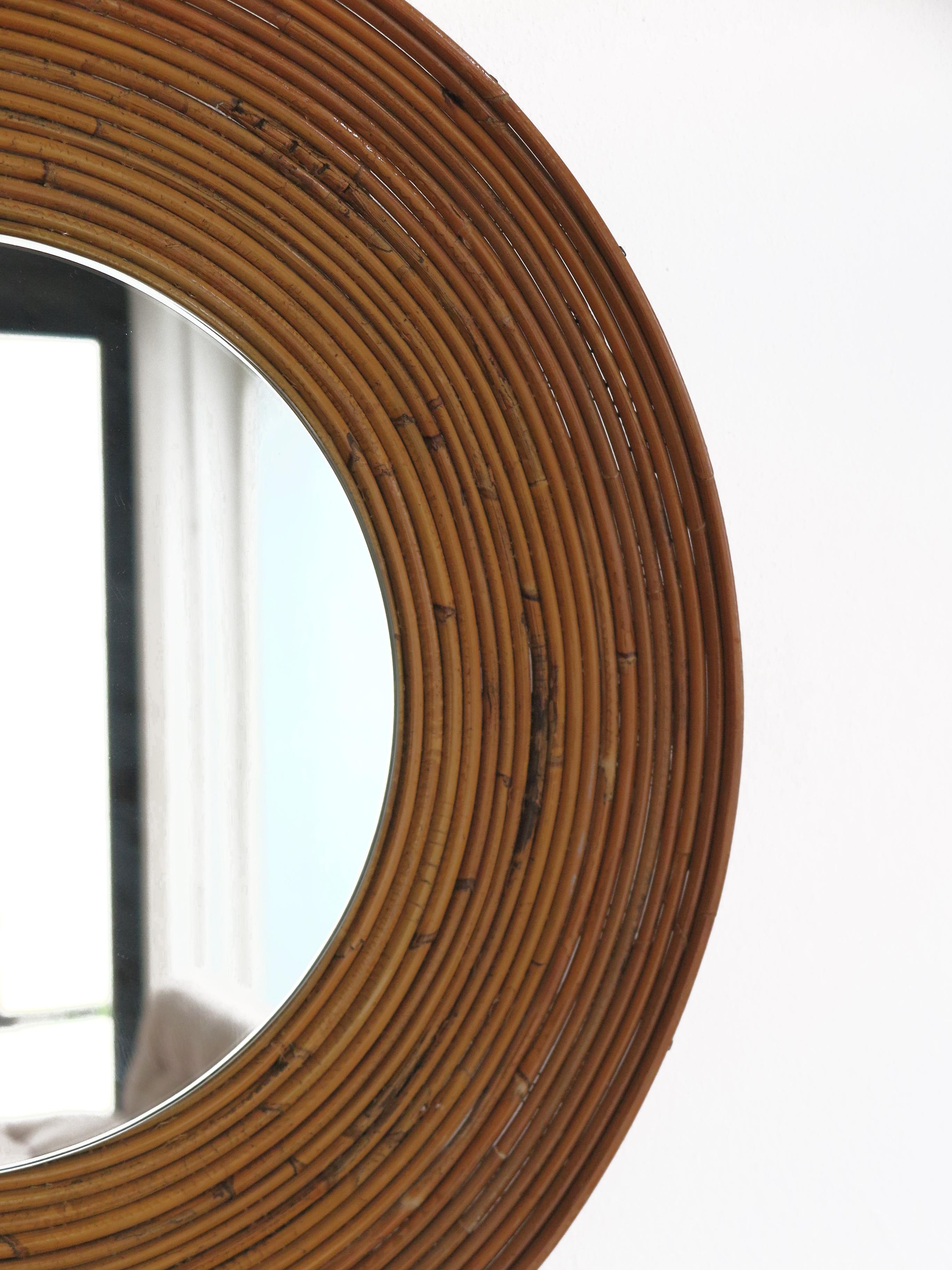 Italian Mid-Century Round Rattan Bamboo Wall Mirror, 1960s For Sale 6