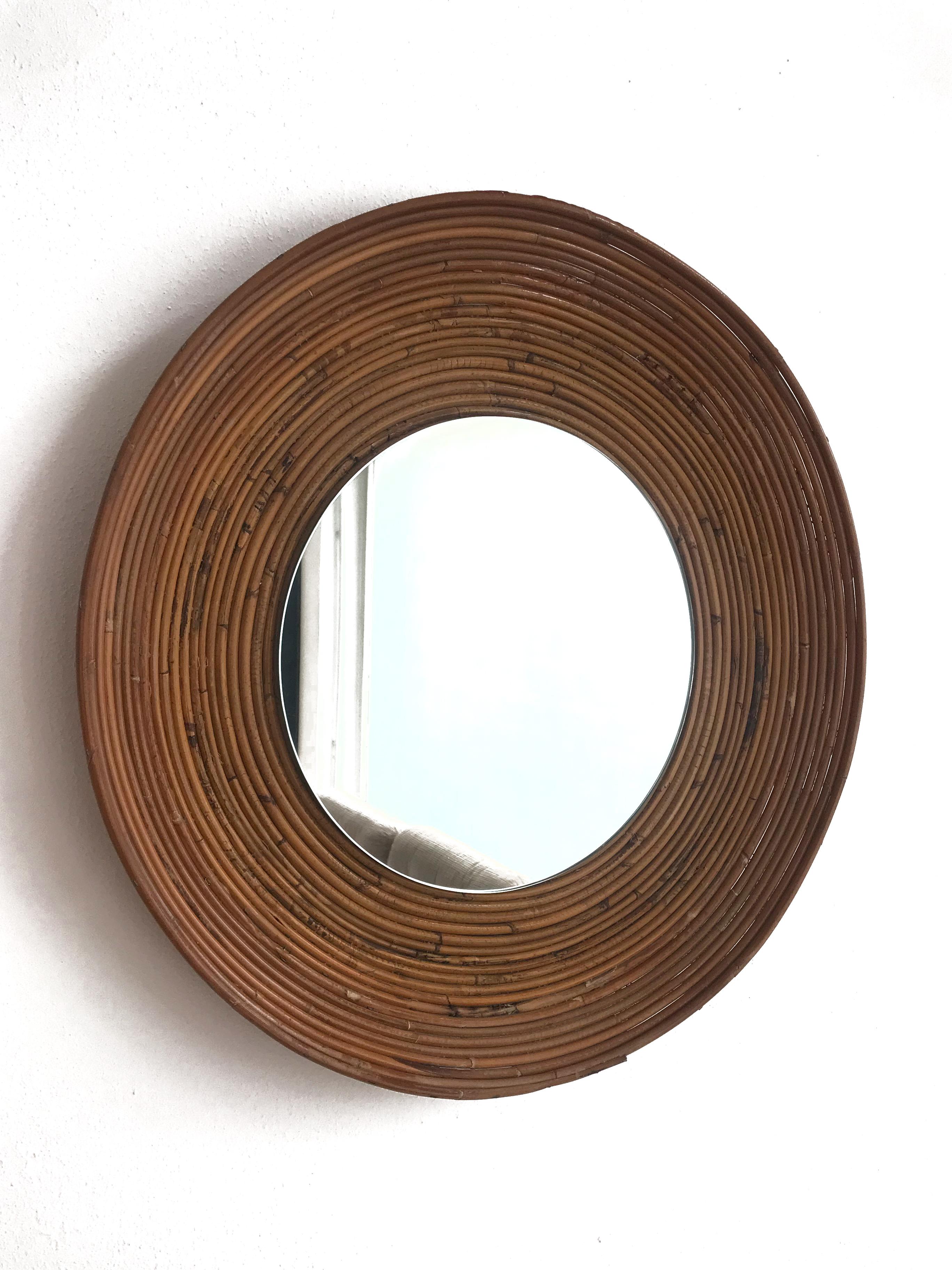 Mid-Century Modern Italian Mid-Century Round Rattan Bamboo Wall Mirror, 1960s For Sale