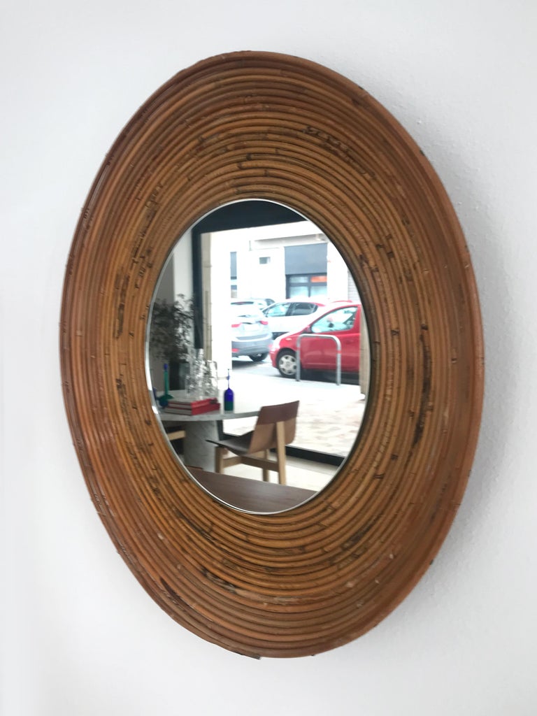 Italian MidCentury Round Rattan Bamboo Wall Mirror, 1960s For Sale at