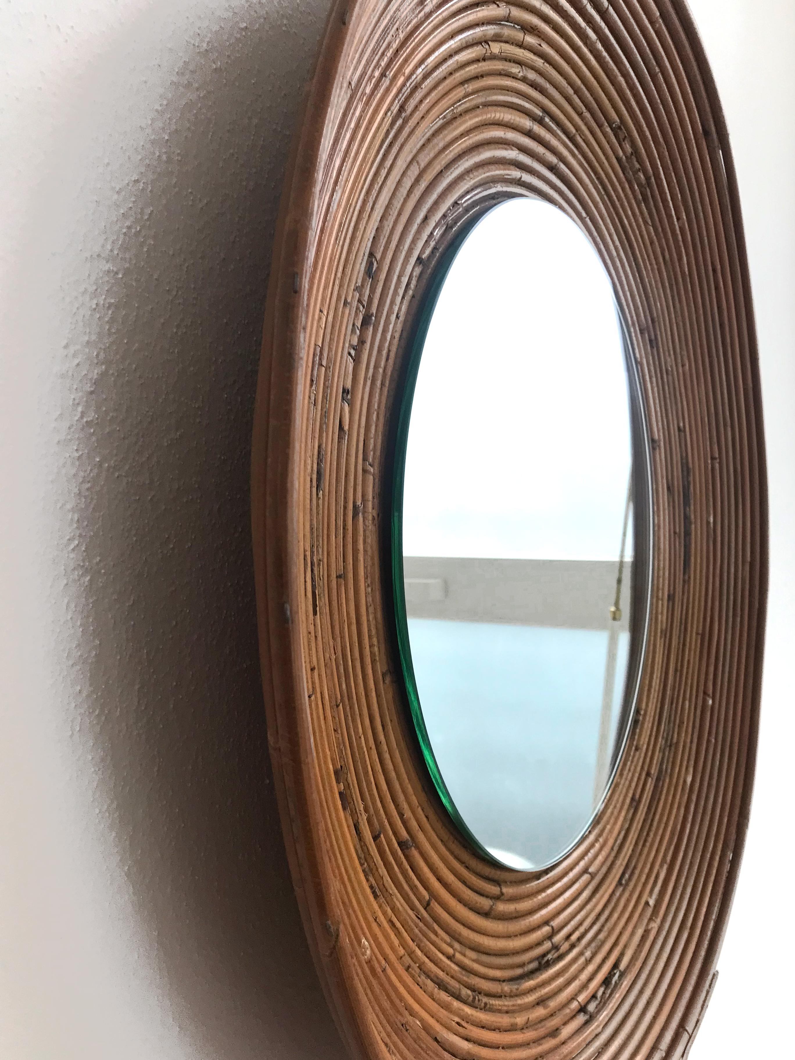 Italian Mid-Century Round Rattan Bamboo Wall Mirror, 1960s For Sale 1