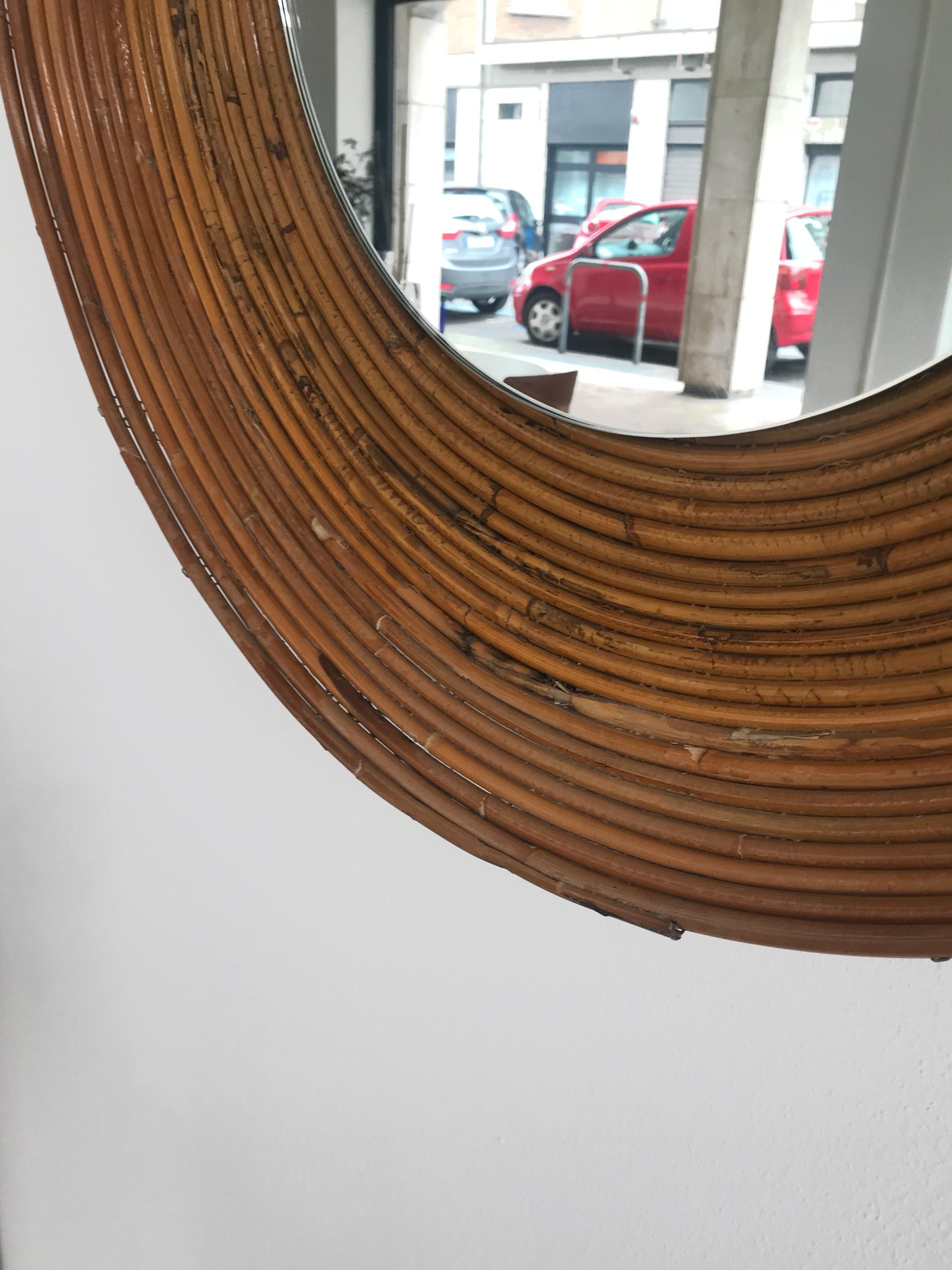 Italian Mid-Century Round Rattan Bamboo Wall Mirror, 1960s For Sale 2