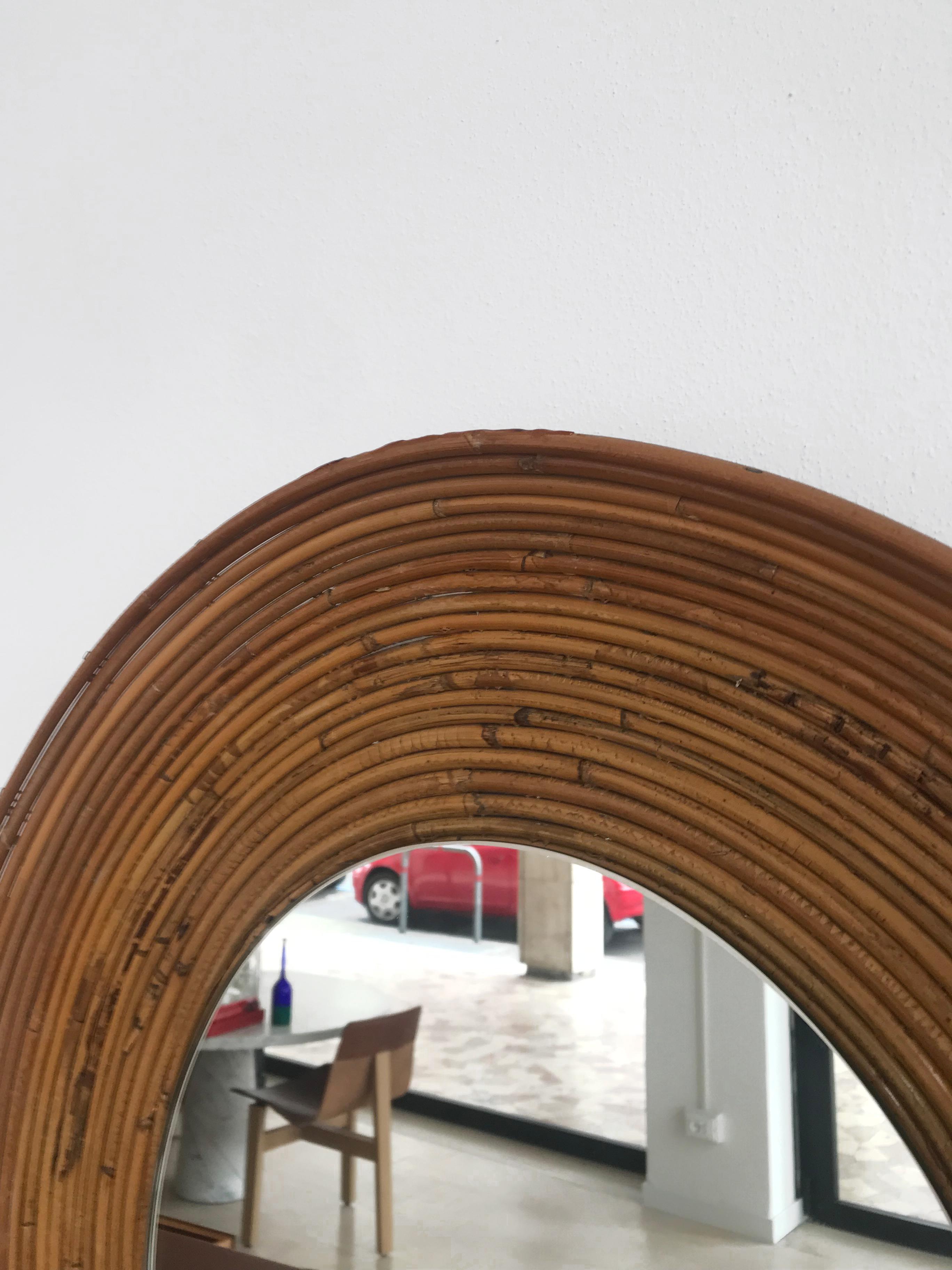 Italian Mid-Century Round Rattan Bamboo Wall Mirror, 1960s For Sale 3
