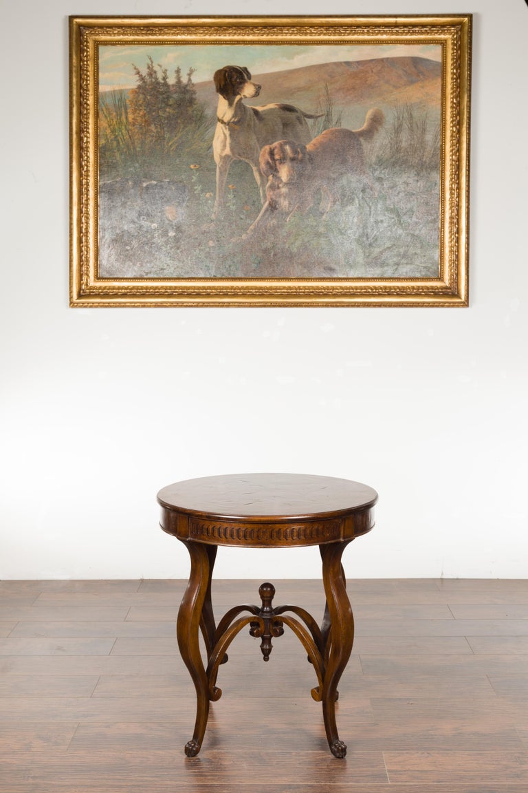 Veneer Italian Midcentury Round Top Side Table with Inlaid Decor and Cabriole Legs For Sale