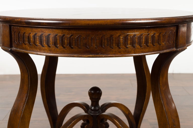 Walnut Italian Midcentury Round Top Side Table with Inlaid Decor and Cabriole Legs For Sale