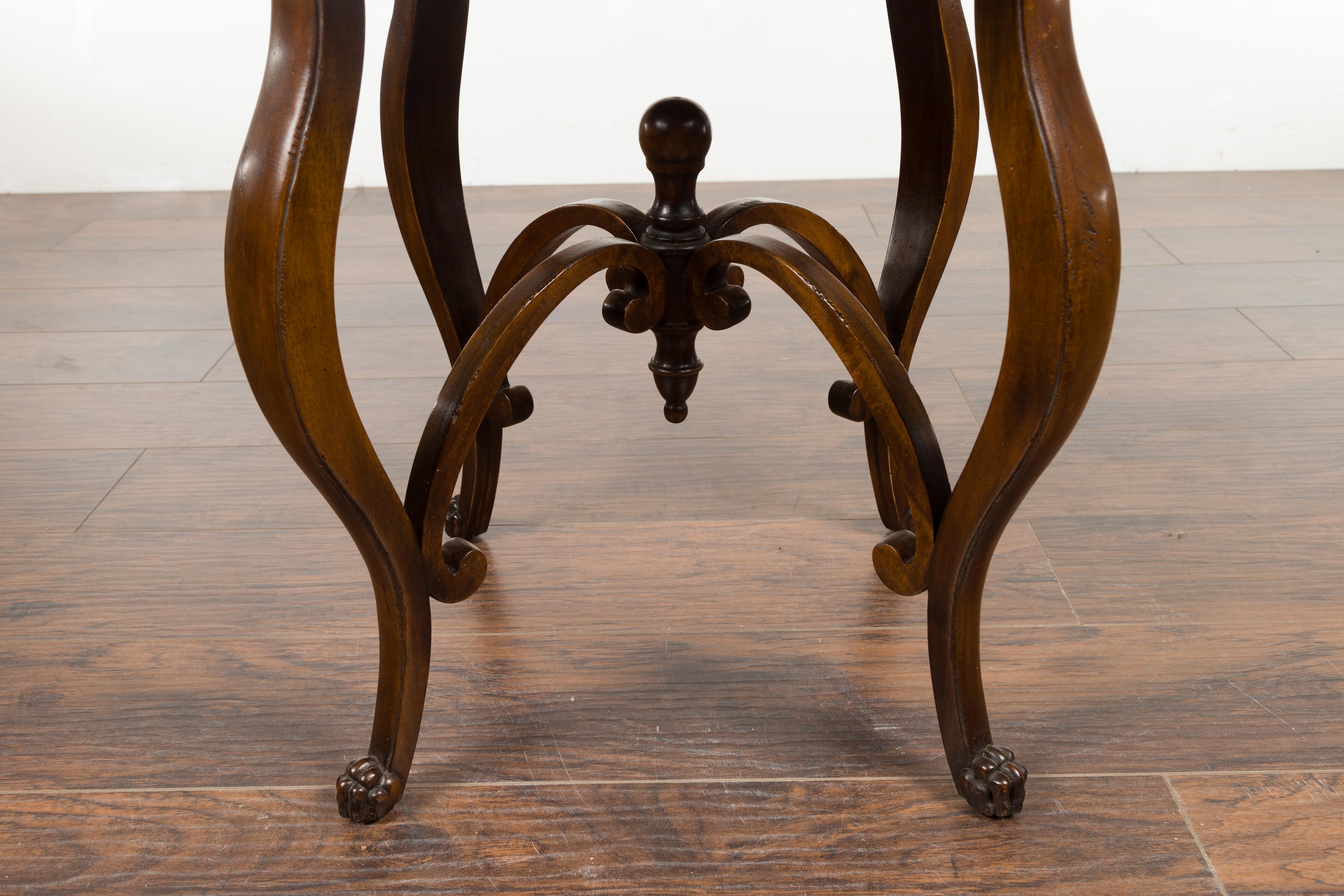 Walnut Italian Midcentury Round Top Side Table with Inlaid Decor and Cabriole Legs