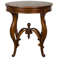 Italian Midcentury Round Top Side Table with Inlaid Decor and Cabriole Legs