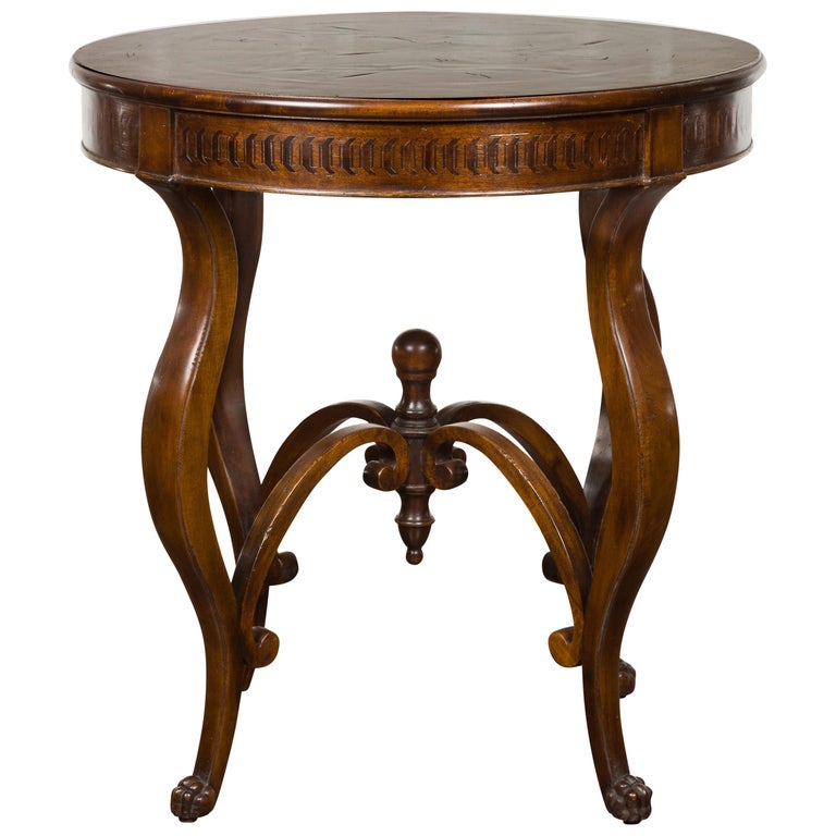 Italian Midcentury Round Top Side Table with Inlaid Decor and Cabriole Legs For Sale