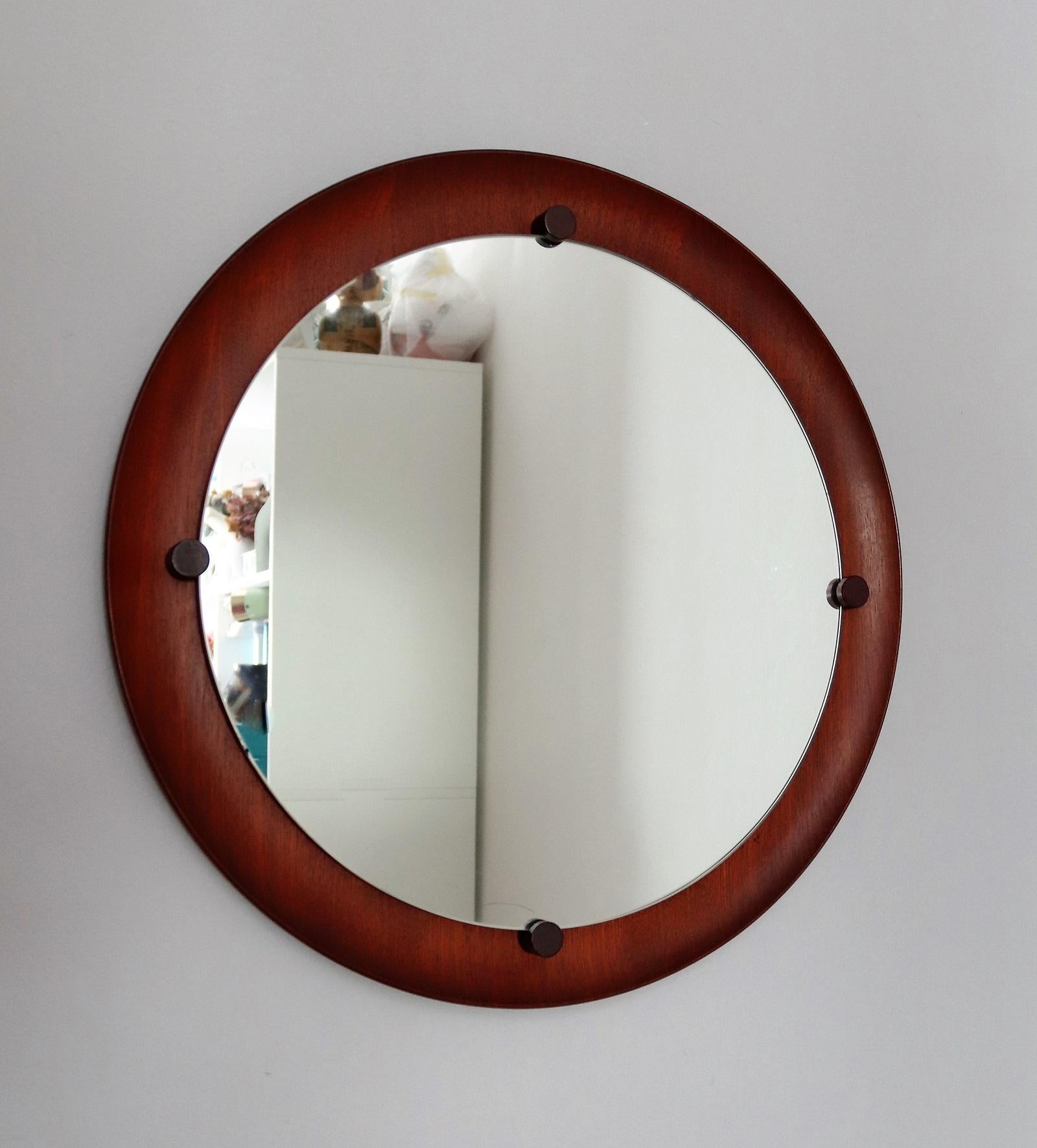 Italian Midcentury Round Wall Mirror in Teak, 1960s 6