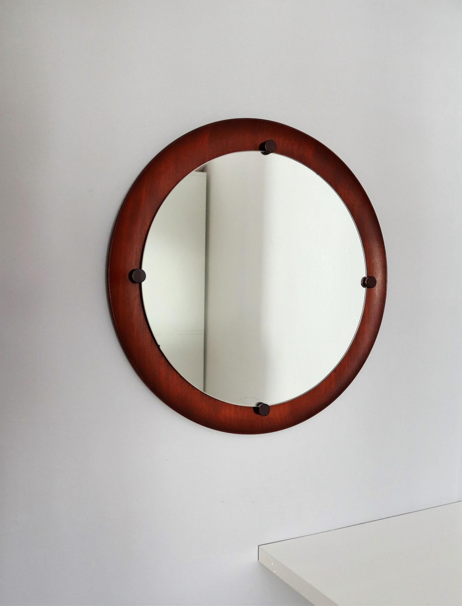 Italian Midcentury Round Wall Mirror in Teak, 1960s 2