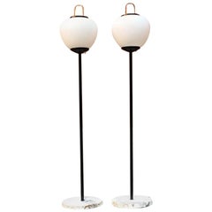 Italian Midcentury Satin Glass and Metal Floor Lamps with Marble Base, 1950s