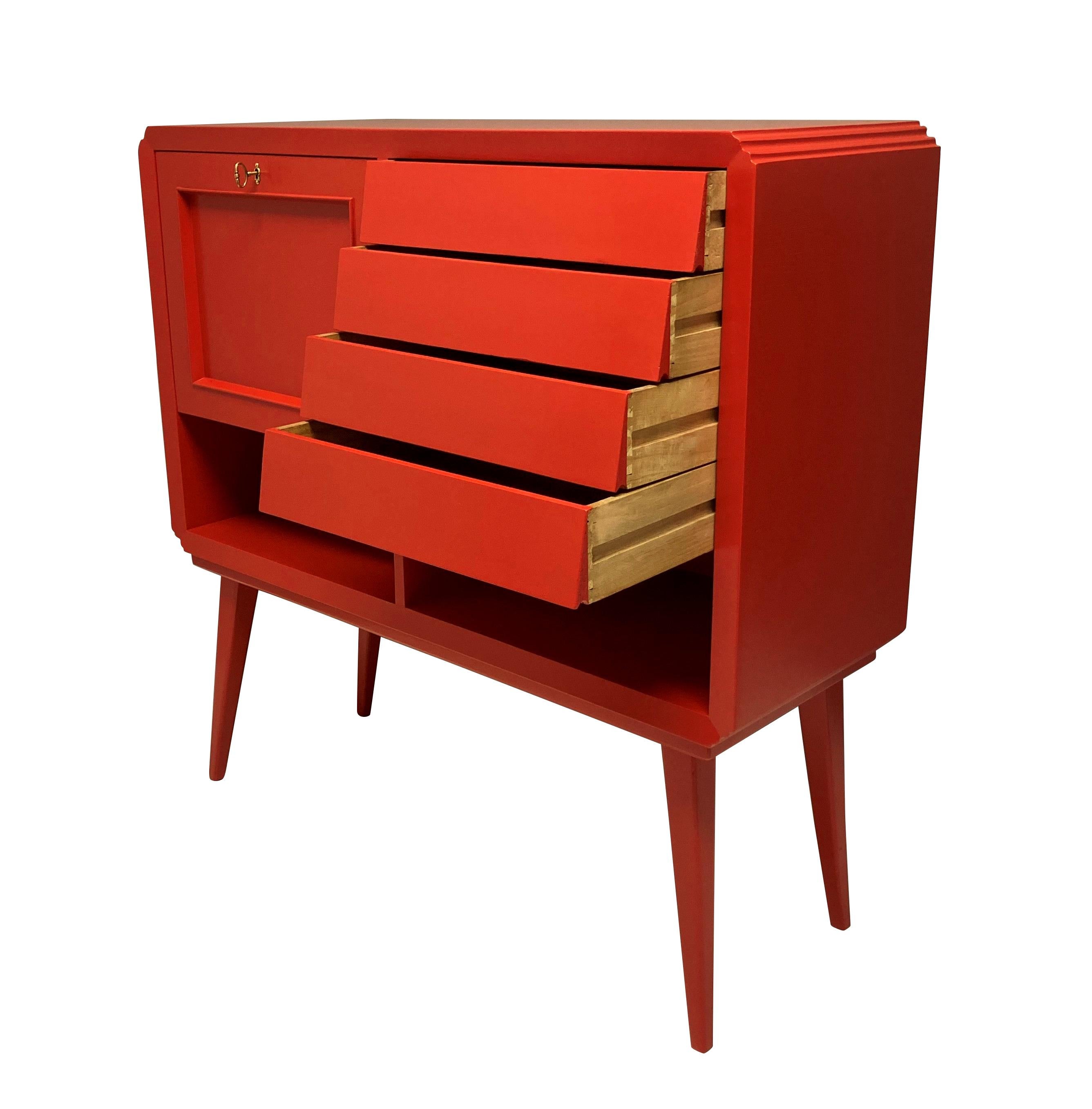 Glass Italian Midcentury Scarlet Lacquered Bar Cabinet