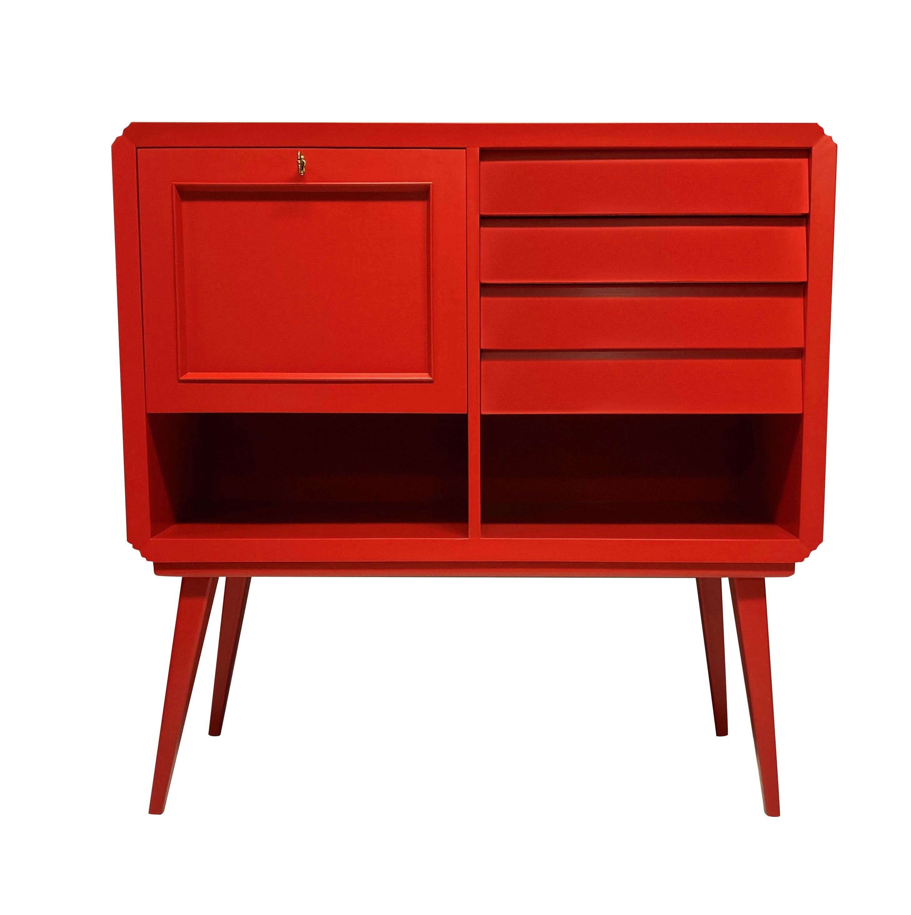 Italian Midcentury Scarlet Lacquered Bar Cabinet 2