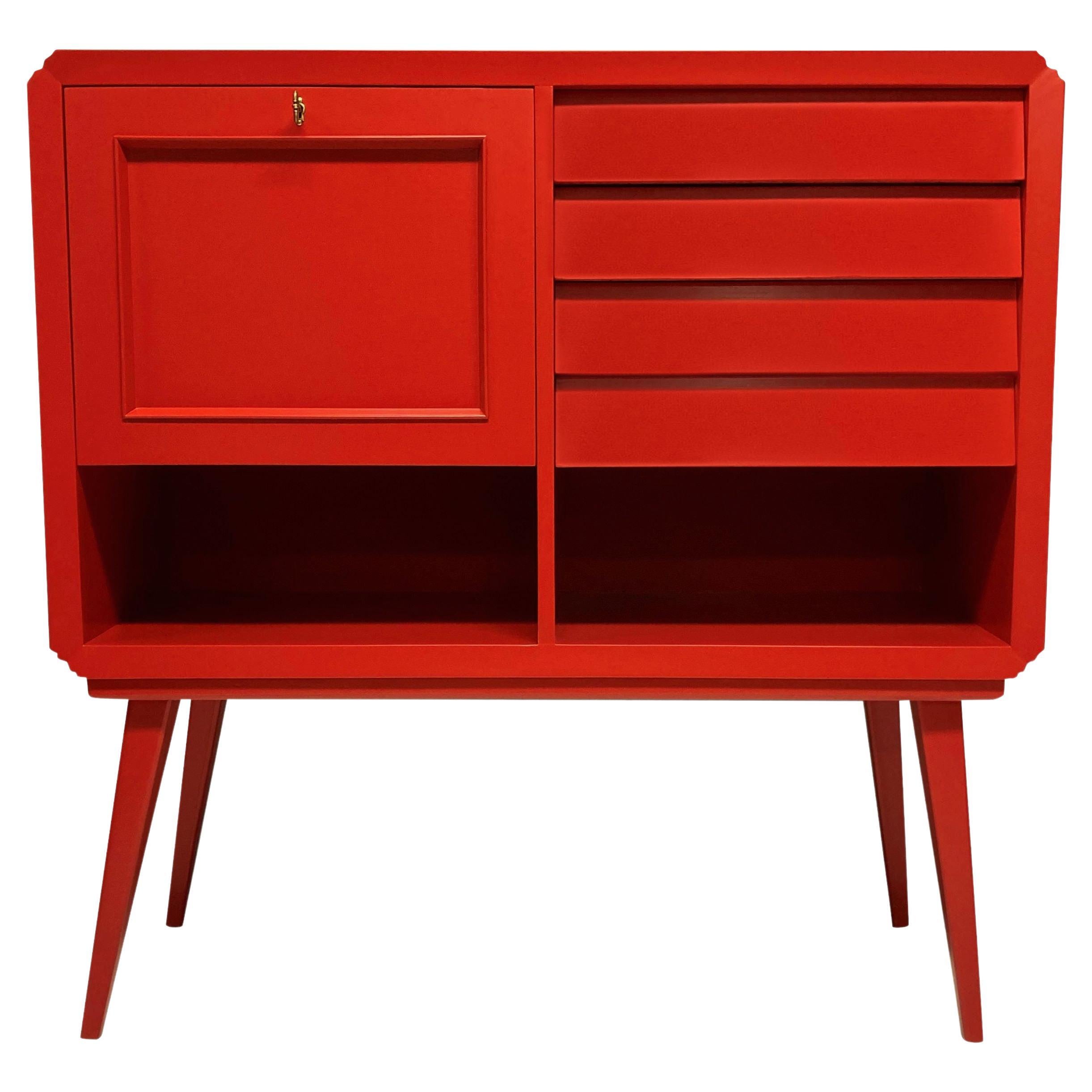 Italian Midcentury Scarlet Lacquered Bar Cabinet