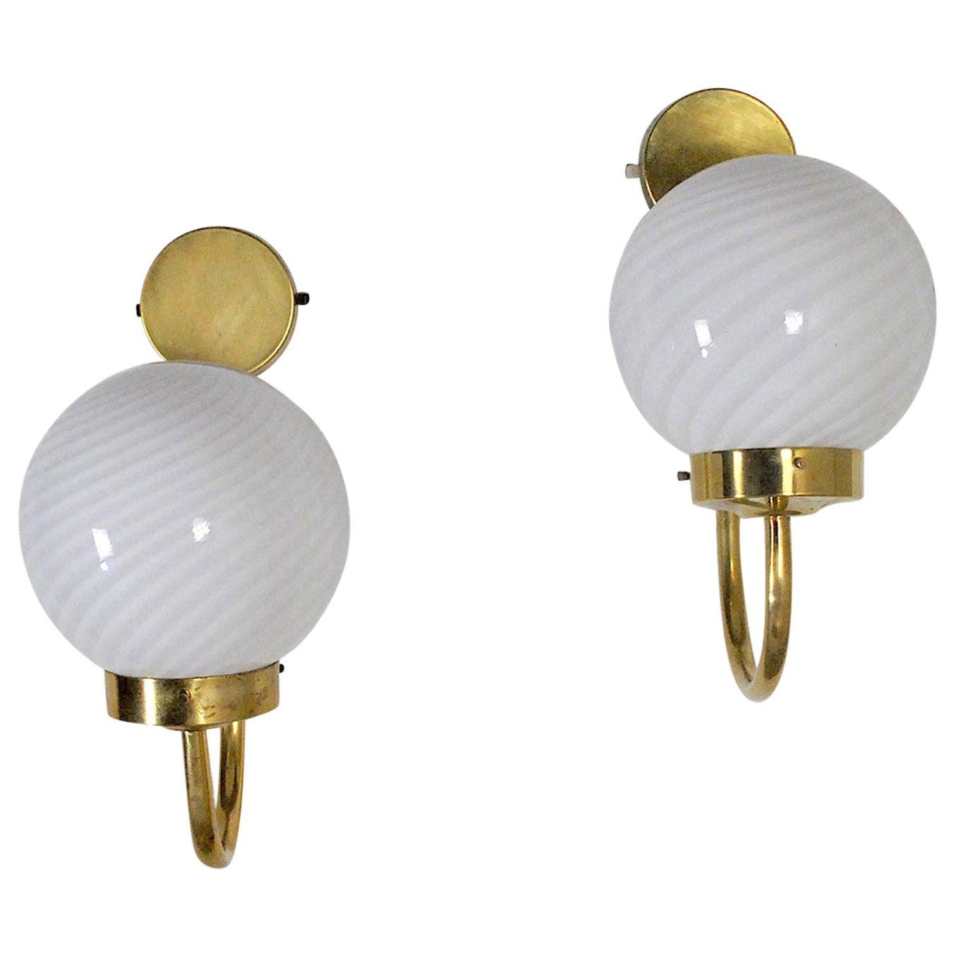 Italian Midcentury Sconces in Brass and Opaline Glass