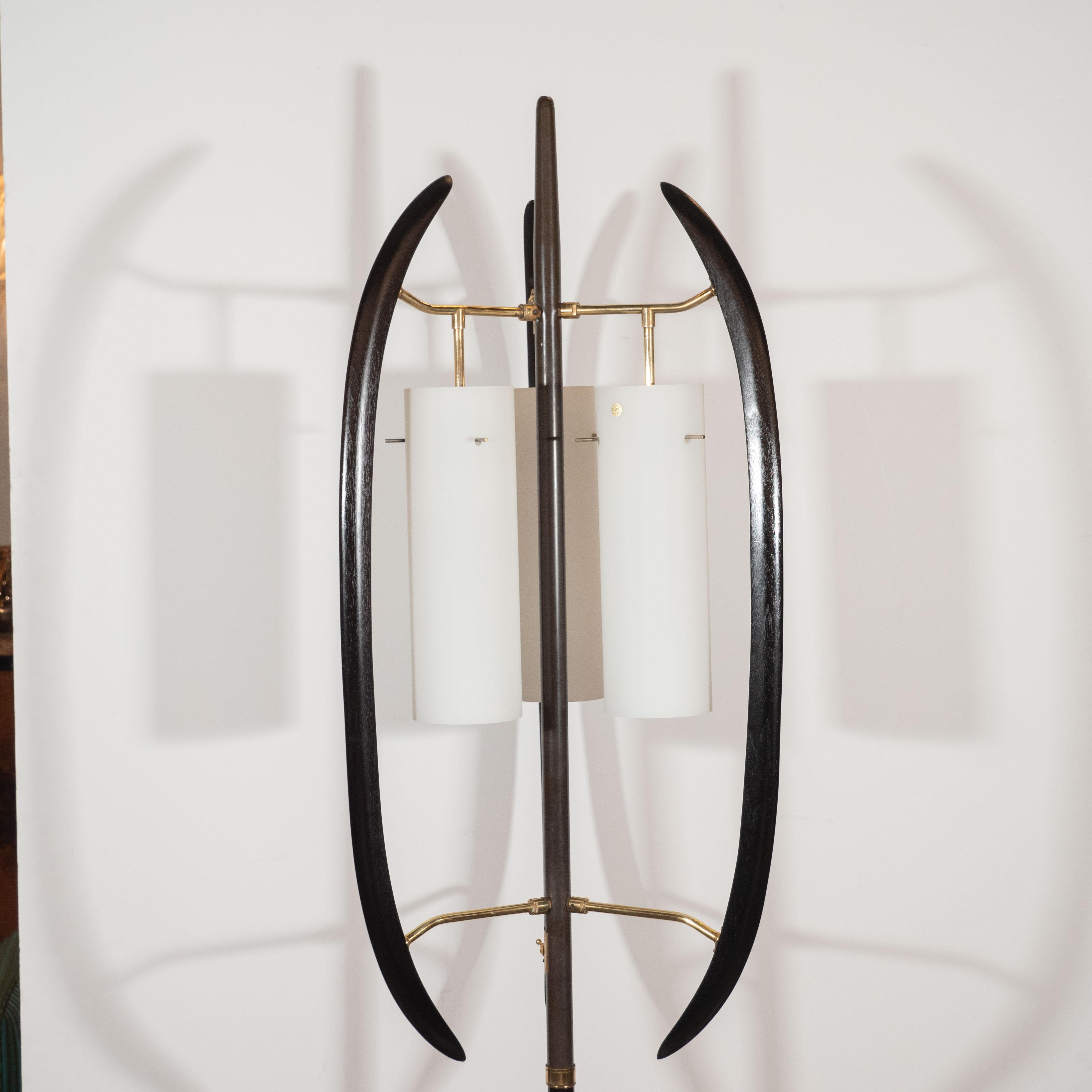 Mid-Century Modern Italian Midcentury Sculptural Ebonized Walnut, Brass & Frosted Glass Floor Lamp