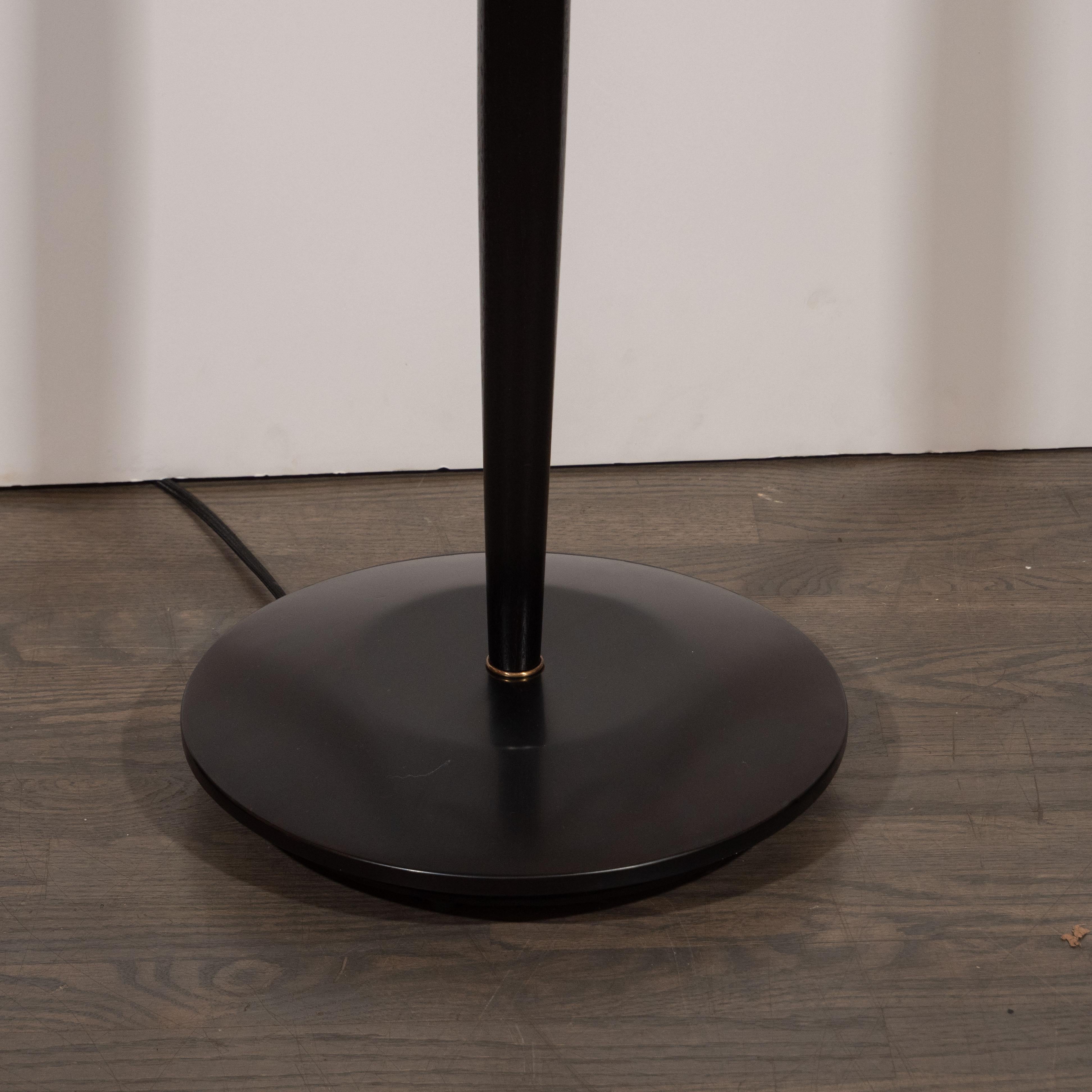 Italian Midcentury Sculptural Ebonized Walnut, Brass & Frosted Glass Floor Lamp In Excellent Condition In New York, NY