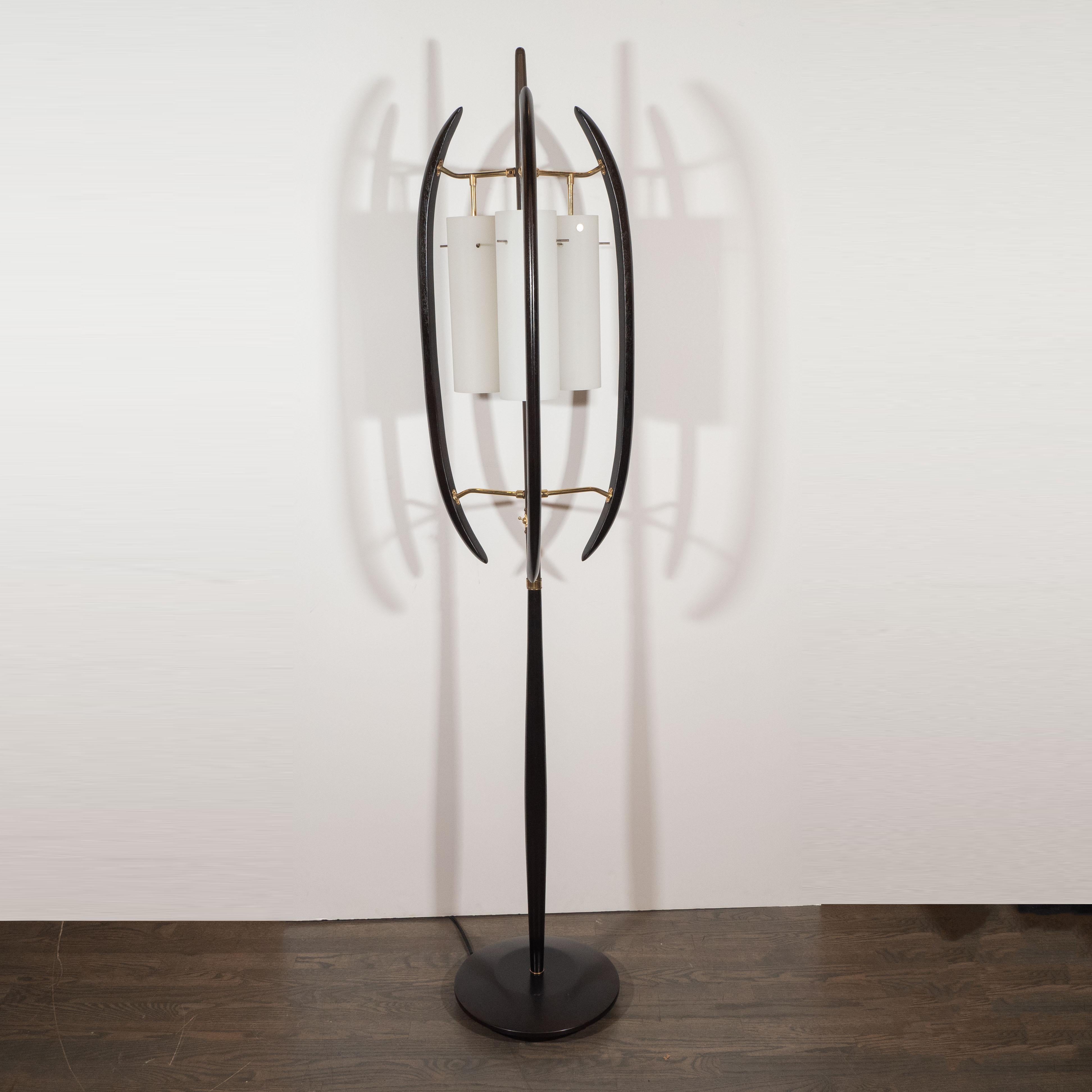 Italian Midcentury Sculptural Ebonized Walnut, Brass & Frosted Glass Floor Lamp 2