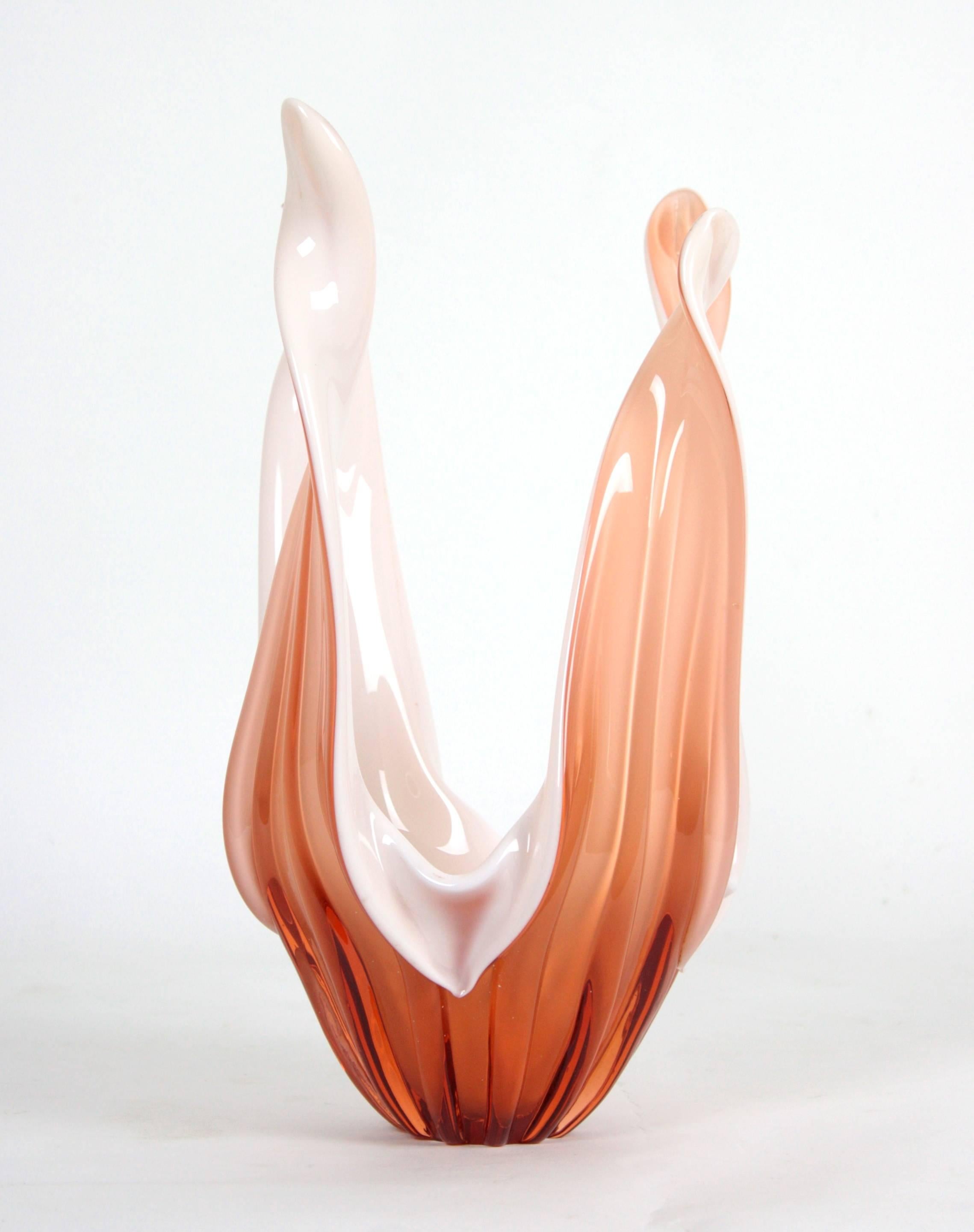 Italian Murano Centerpiece Vase in Peach and Opal White Glass, 1960s For Sale