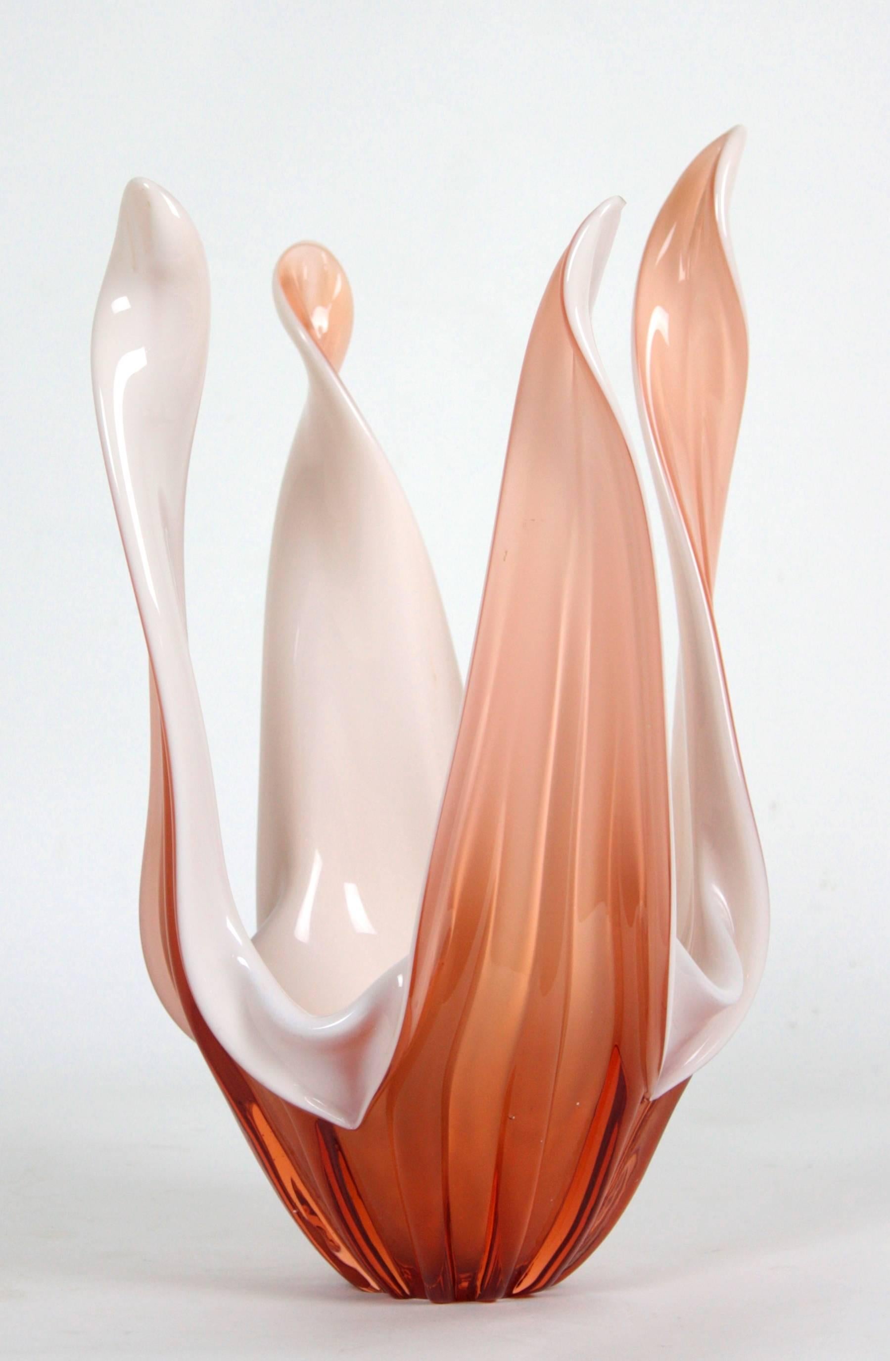 Murano Glass Murano Centerpiece Vase in Peach and Opal White Glass, 1960s For Sale