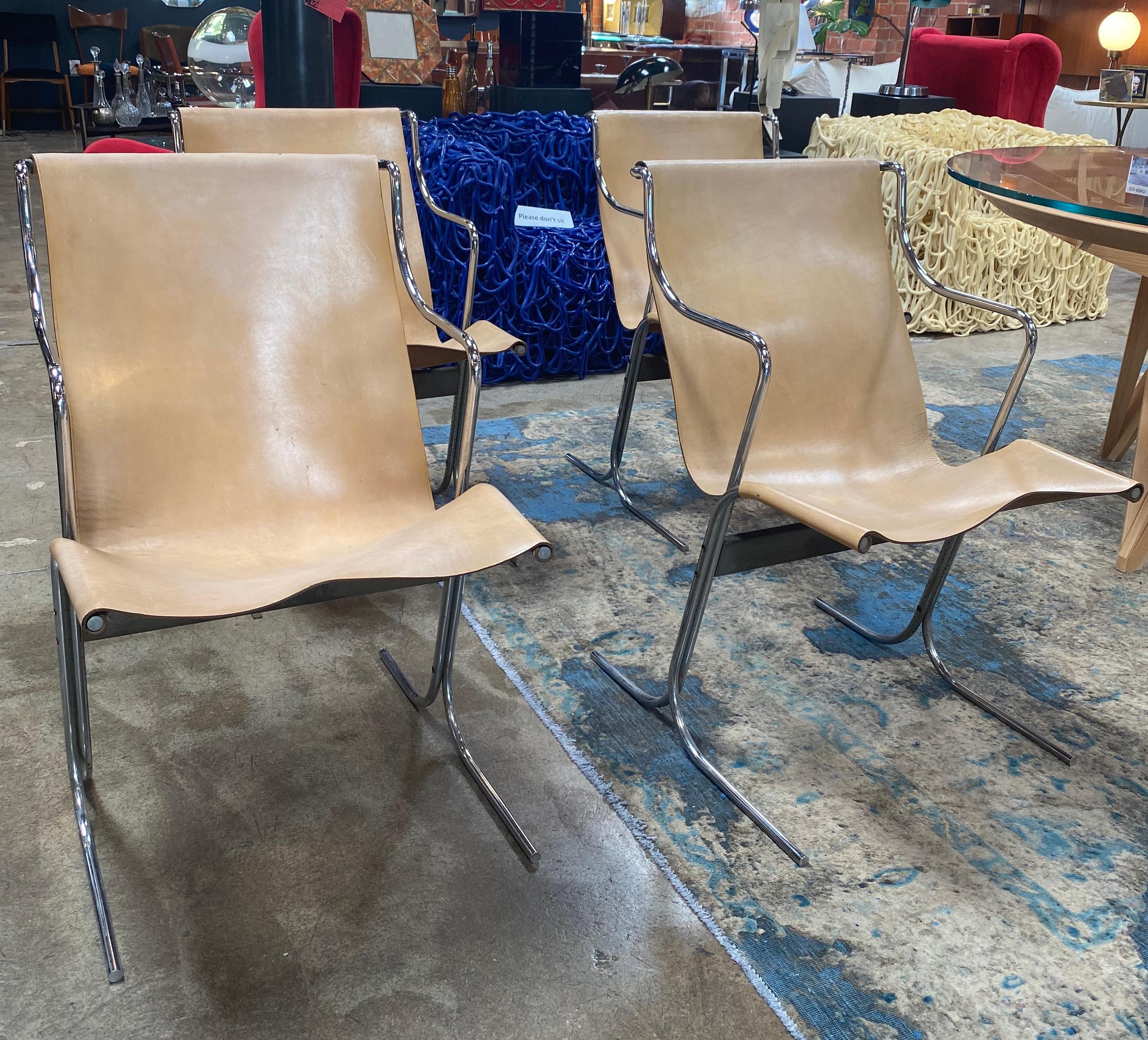 Groovy set of four lounge chairs designed by Ross Littell and manufactured by ICF De Padova, Milan (approx. 1960s).
The lounge chairs are in Minimalist style.
In beautiful very good vintage condition the light brown handcrafted leather, while the
