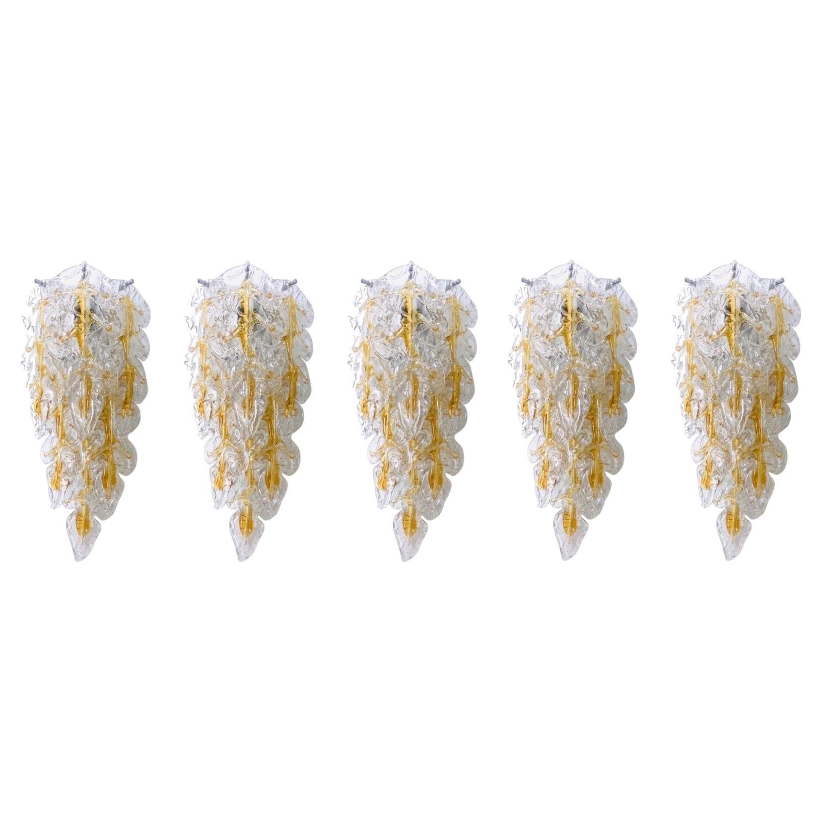 Italian Midcentury Set of Five Leaf Murano Wall Sconces by Mazzega, 1970s