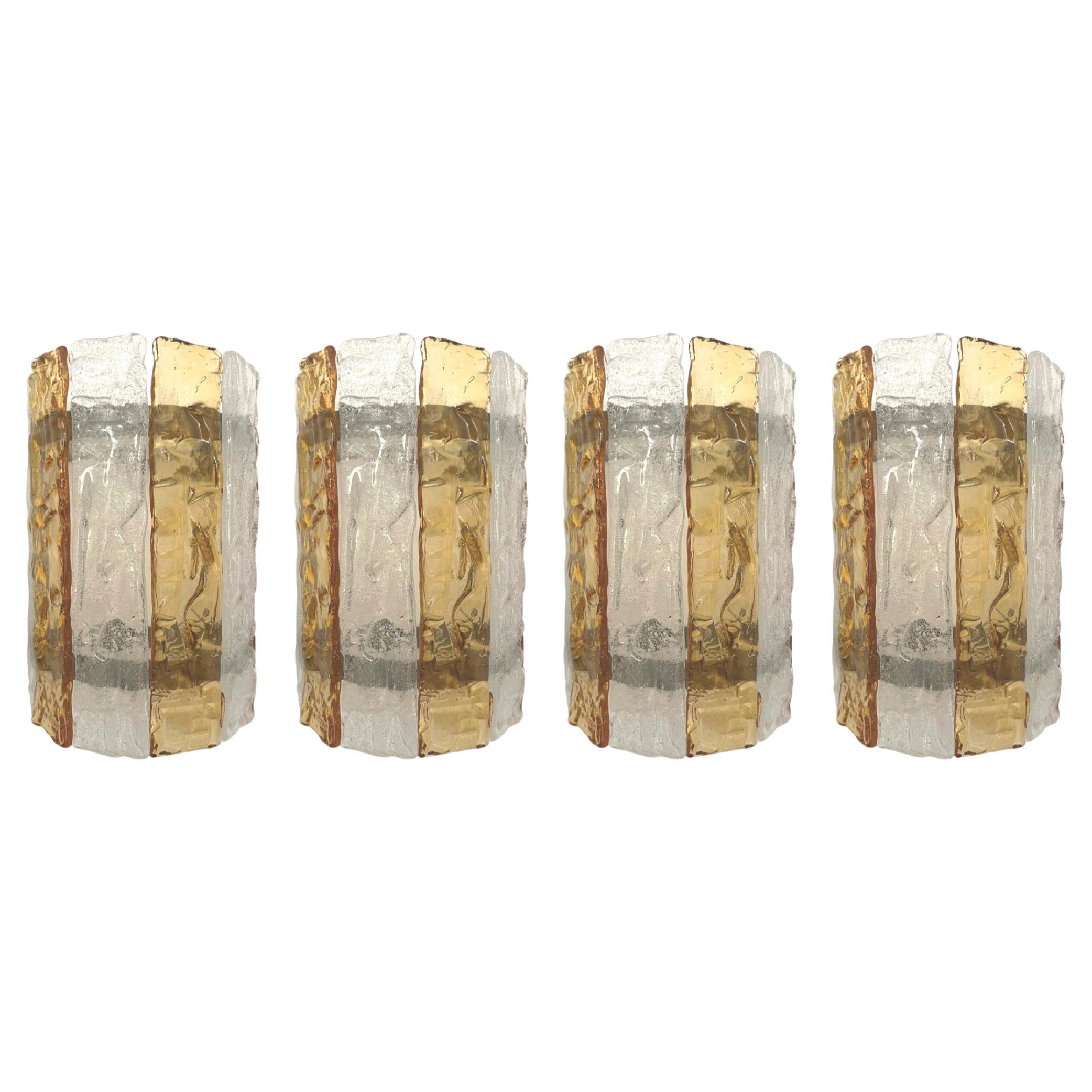 Italian MidCentury Set of Four Amber Clear Murano Wall Sconces by Mazzega, 1970s