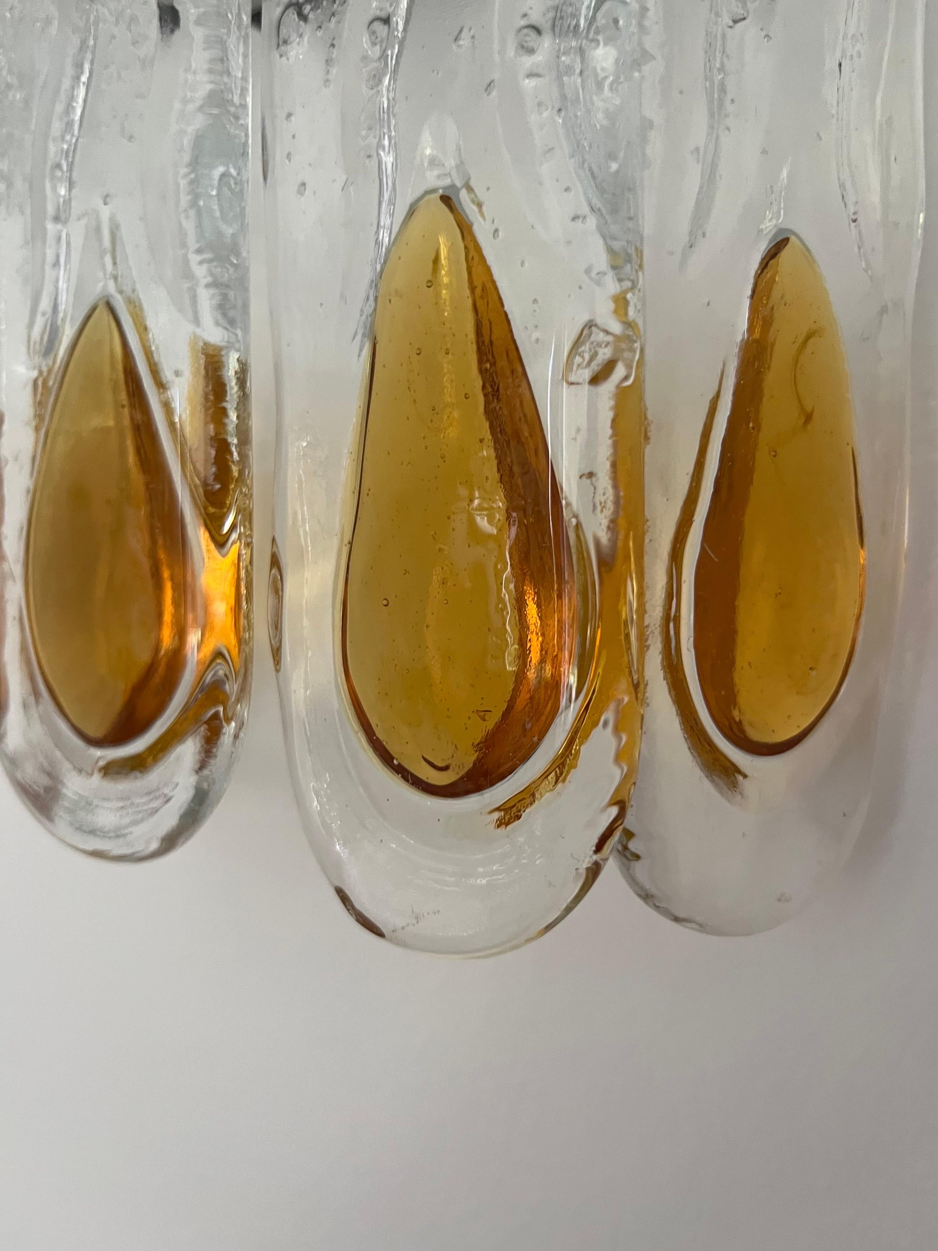 Late 20th Century Italian Midcentury Set of Four Amber Clear Wall Sconces by Mazzega, 1970s For Sale