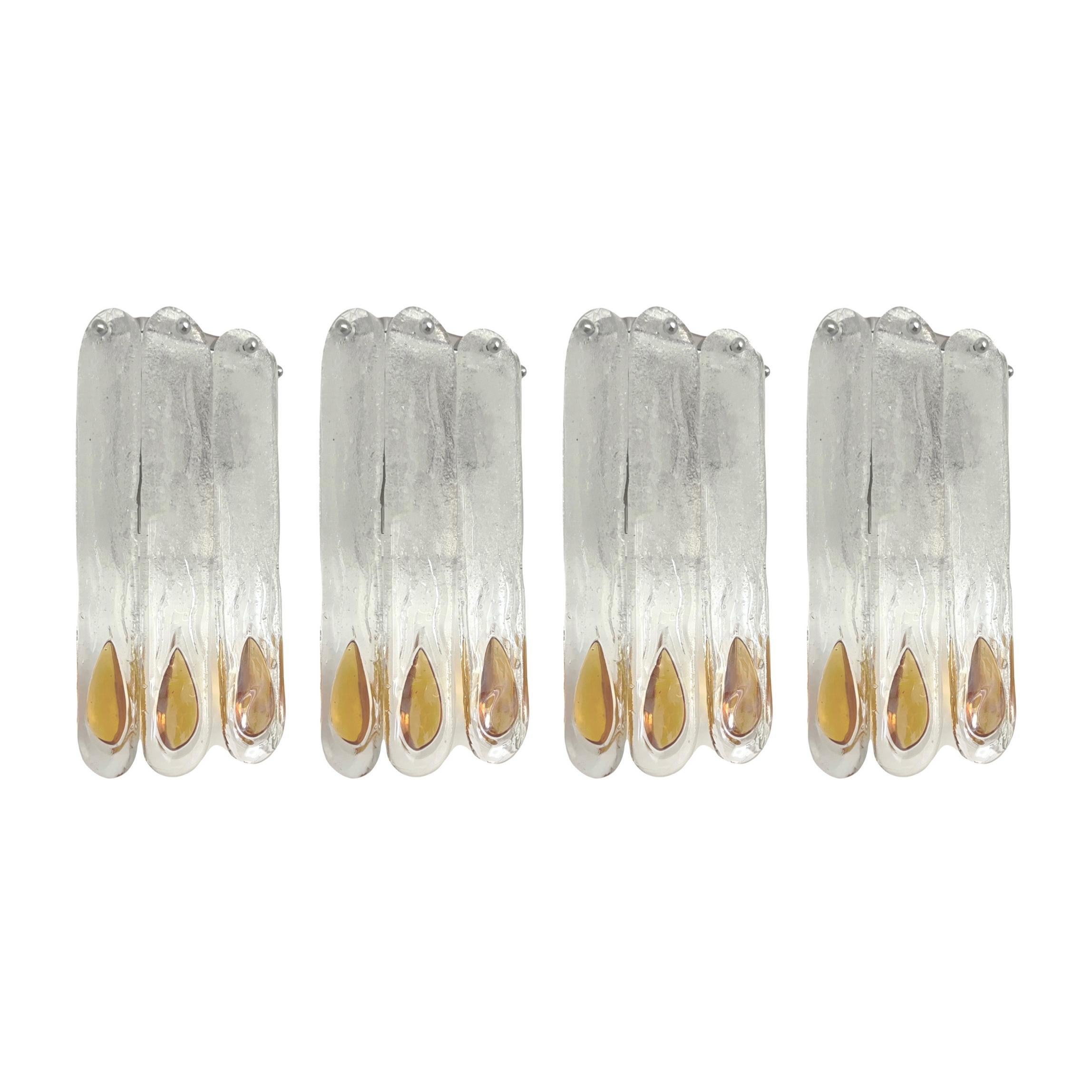 Italian Midcentury Set of Four Amber Clear Wall Sconces by Mazzega, 1970s For Sale