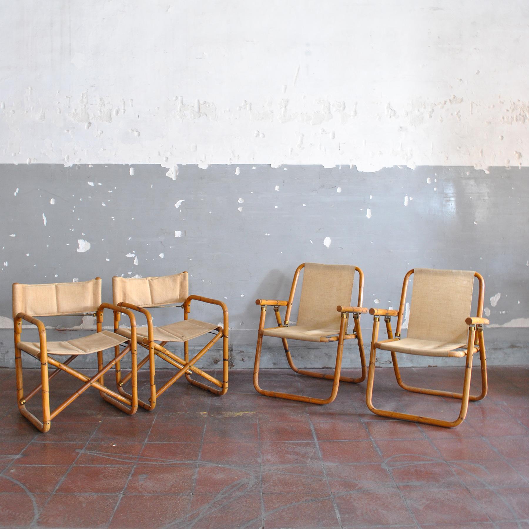 Set of number four chairs structure in bamboo cane with brass hinges and fittings and seats in hemp. The set consists of two resealable cinema director model seats and two armchairs. Italian production from the 1960s.
Dimensions of two director