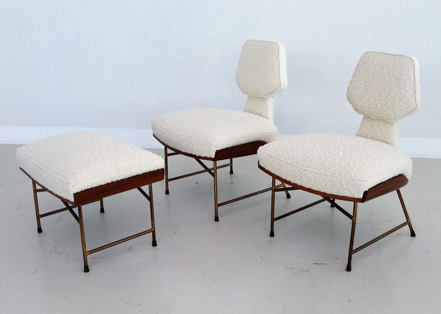 Italian Set of Side Chairs with Footstool in Wood and Bouclé, 1950 For Sale 3