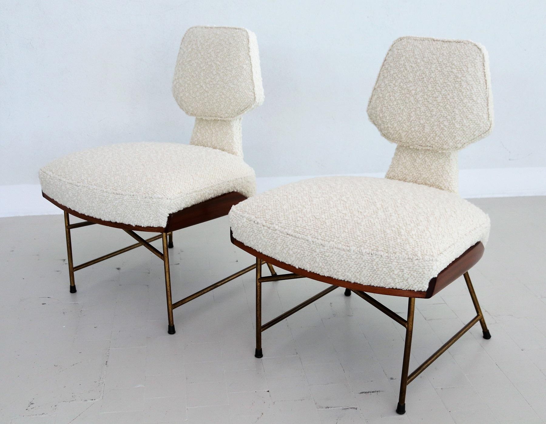 Italian Set of Side Chairs with Footstool in Wood and Bouclé, 1950 For Sale 5