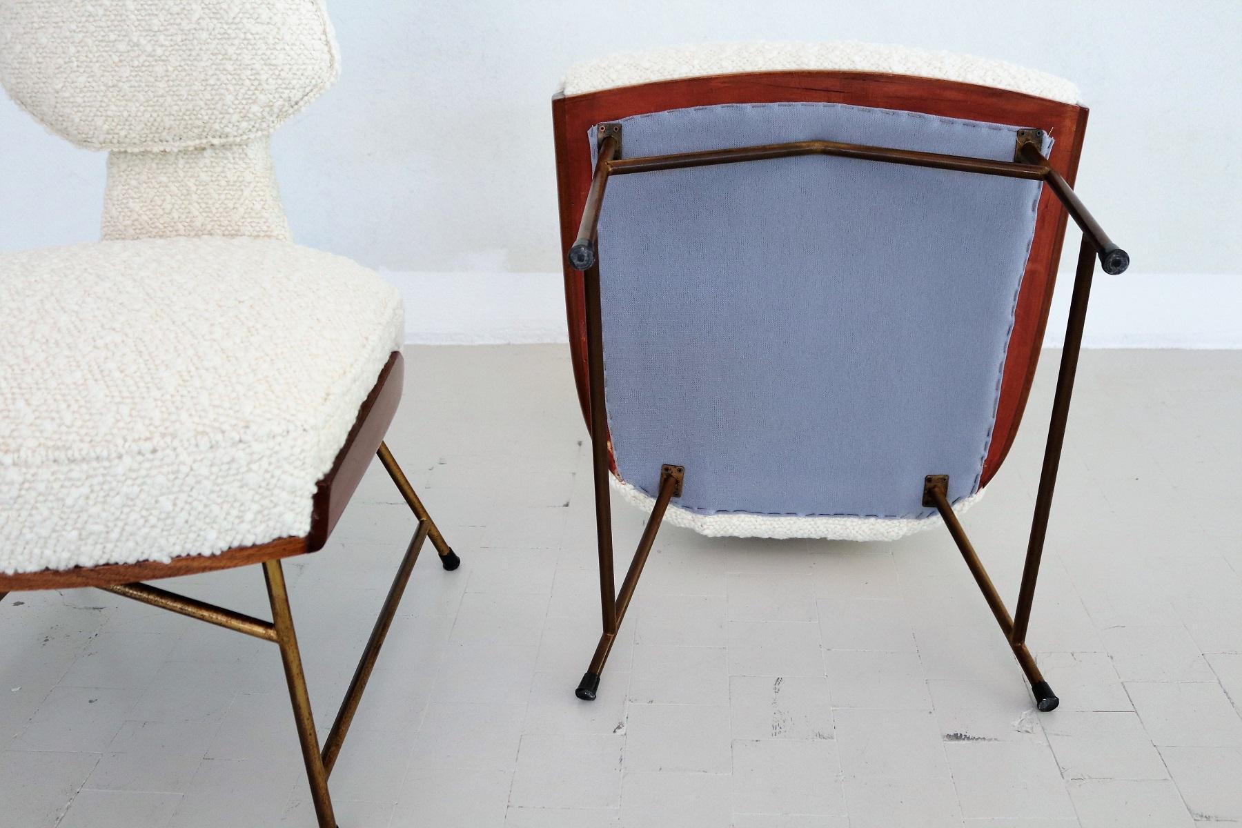 Italian Set of Side Chairs with Footstool in Wood and Bouclé, 1950 For Sale 8