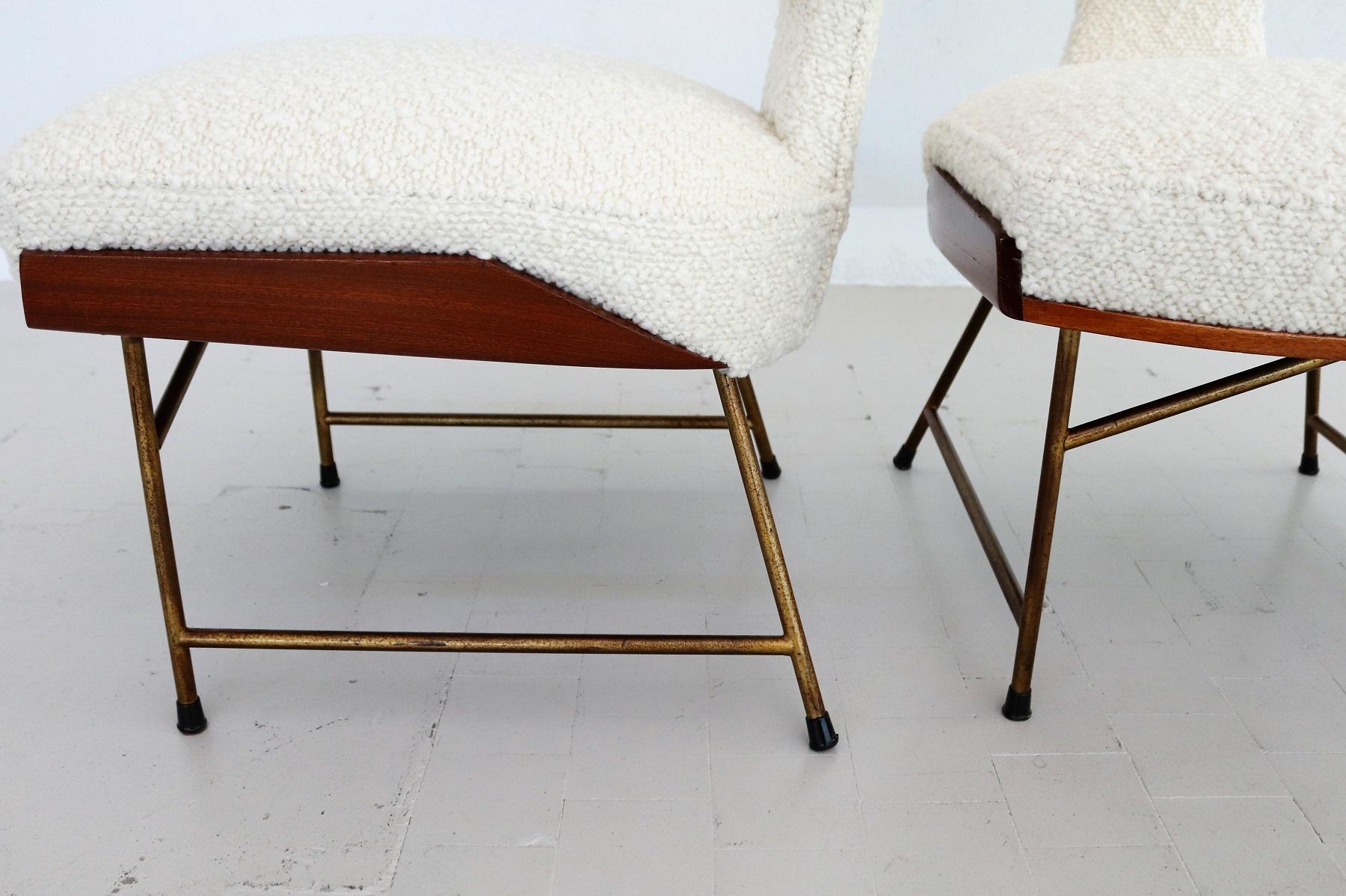 Italian Set of Side Chairs with Footstool in Wood and Bouclé, 1950 For Sale 9