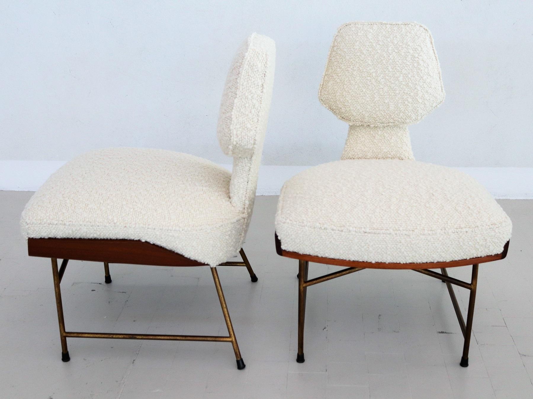 Italian Set of Side Chairs with Footstool in Wood and Bouclé, 1950 For Sale 10