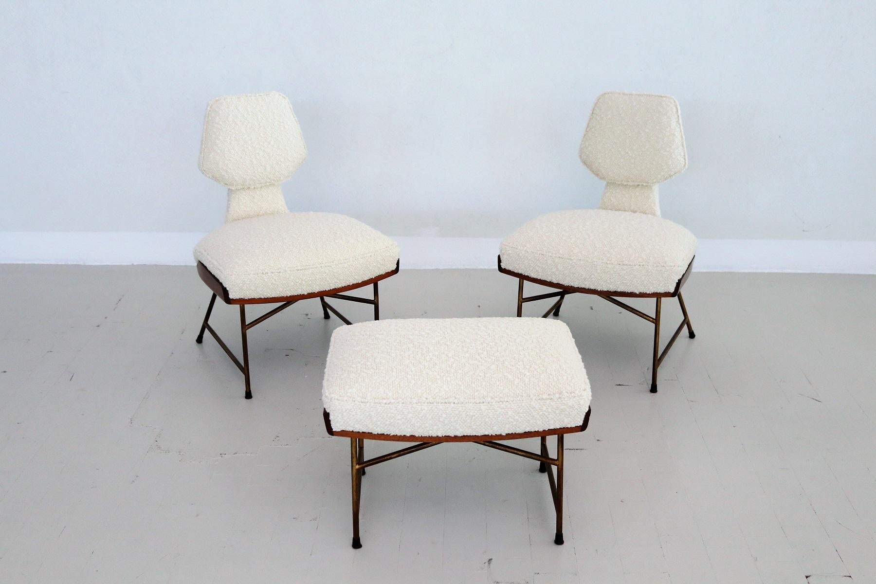 Italian Set of Side Chairs with Footstool in Wood and Bouclé, 1950 For Sale 12