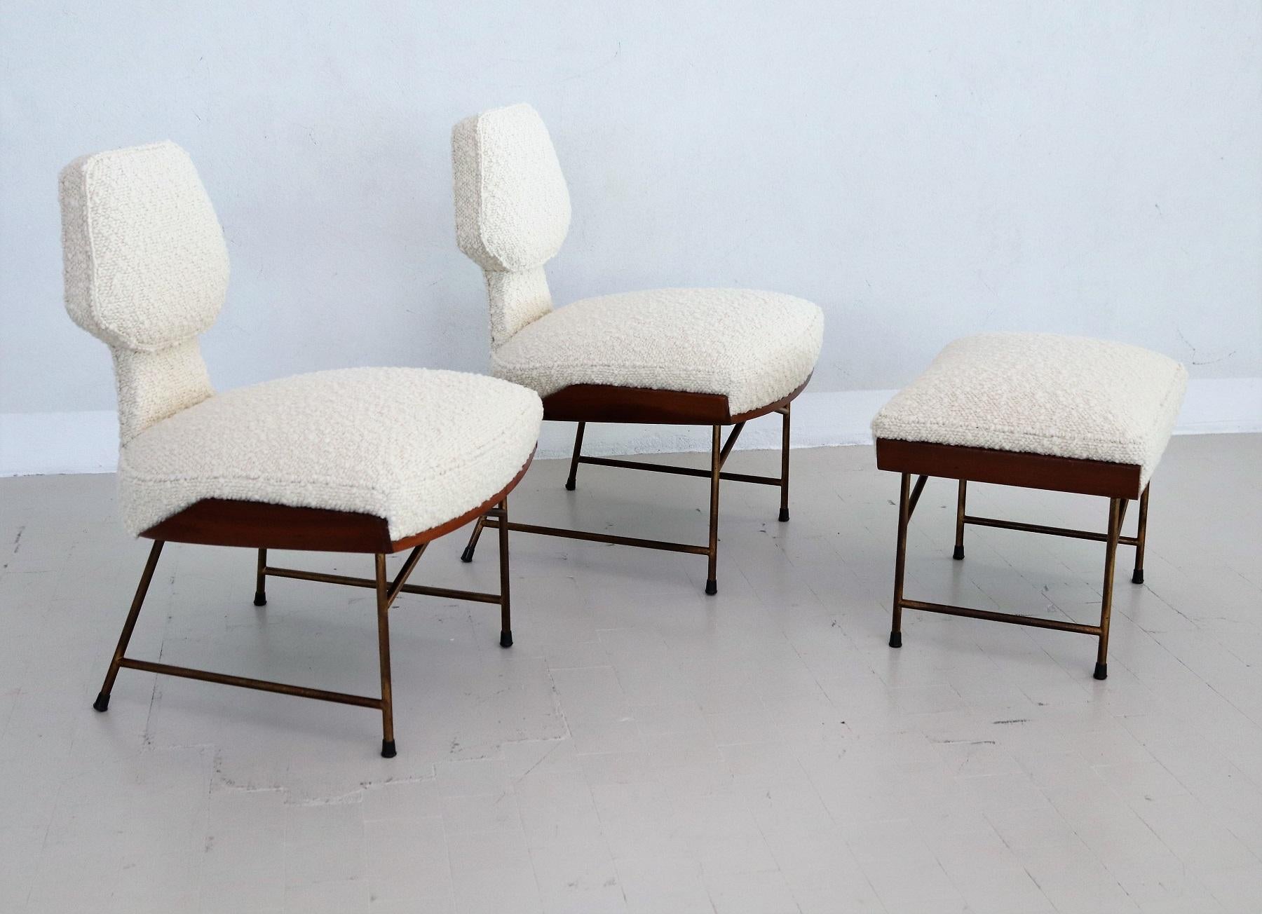 Hand-Crafted Italian Set of Side Chairs with Footstool in Wood and Bouclé, 1950 For Sale