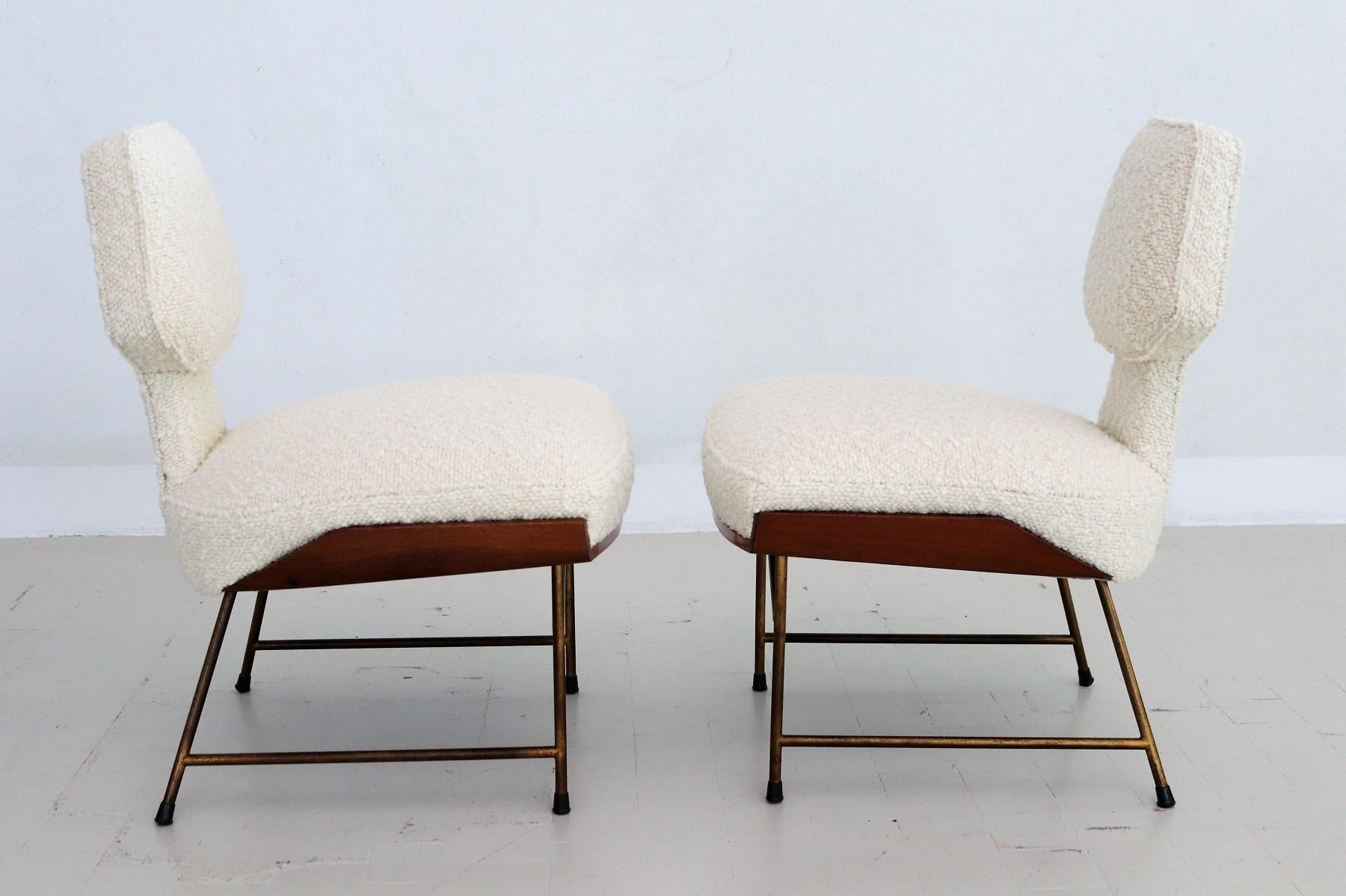 Metal Italian Set of Side Chairs with Footstool in Wood and Bouclé, 1950 For Sale