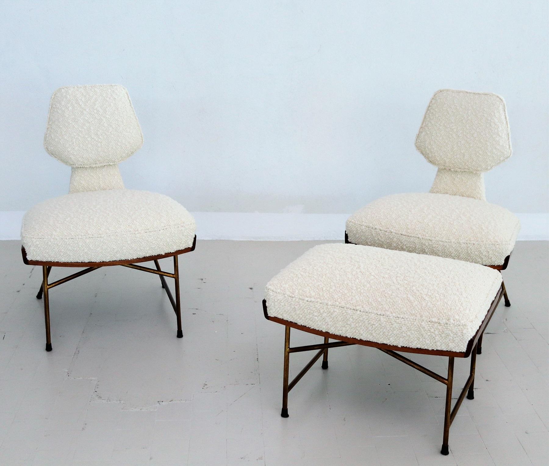 Italian Set of Side Chairs with Footstool in Wood and Bouclé, 1950 2