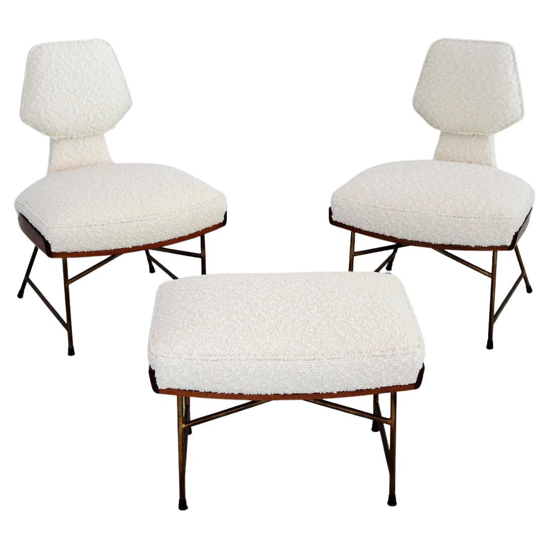 Italian Set of Side Chairs with Footstool in Wood and Bouclé, 1950