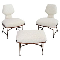 Italian Midcentury Set of Slipper Chairs with Footstool in Wood and Bouclé, 1950