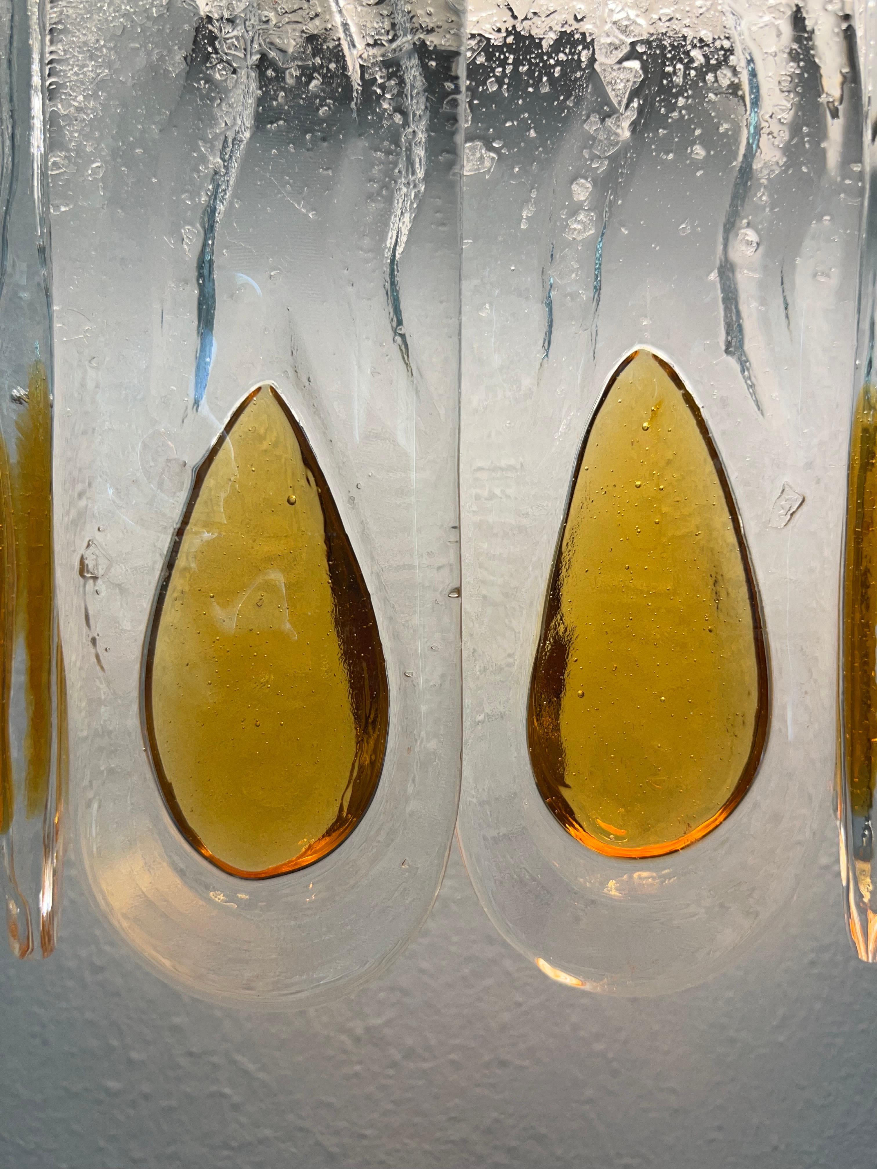 Italian Midcentury Set of Three Amber Clear Wall Sconces by Mazzega, 1970s For Sale 5