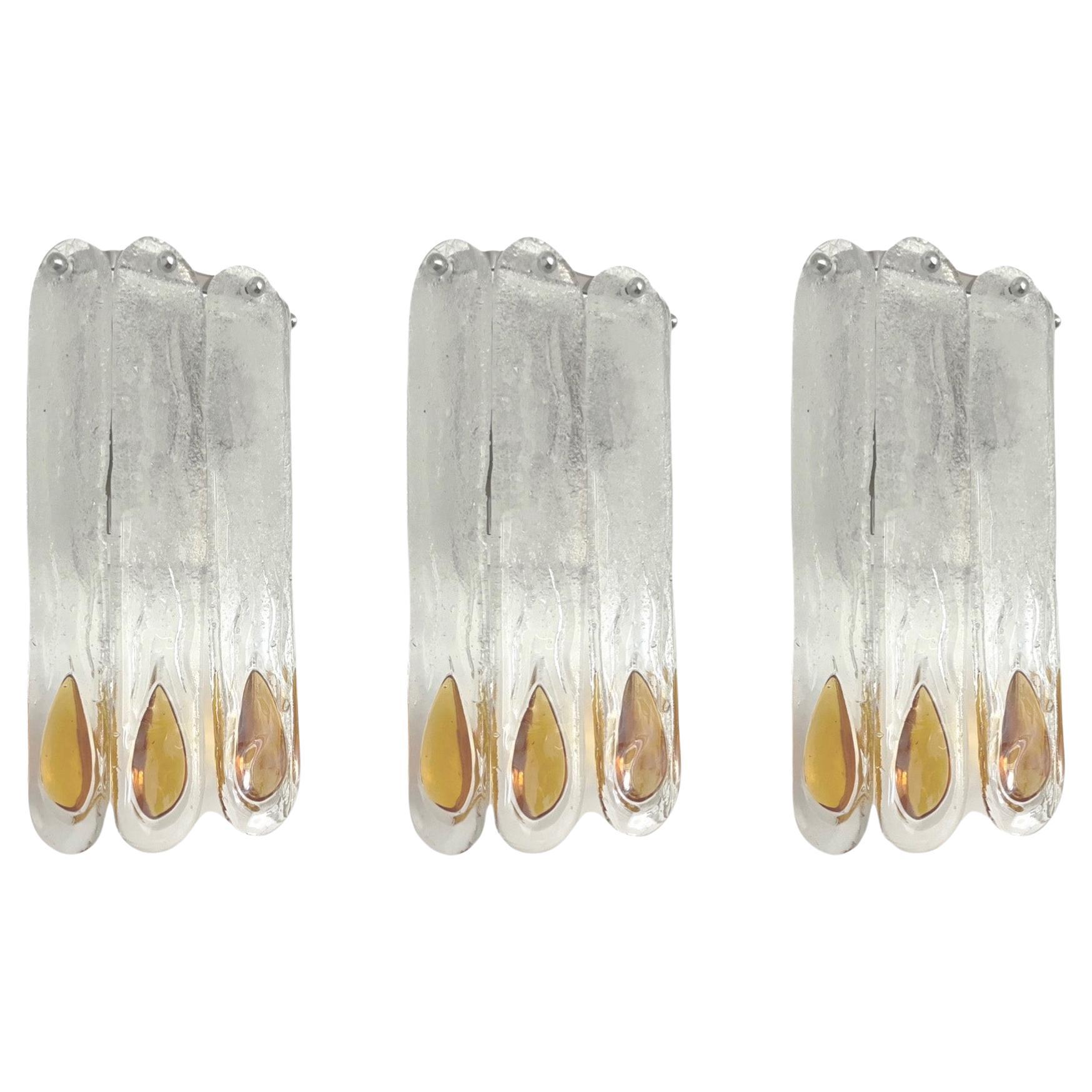 Italian Midcentury Set of Three Amber Clear Wall Sconces by Mazzega, 1970s For Sale