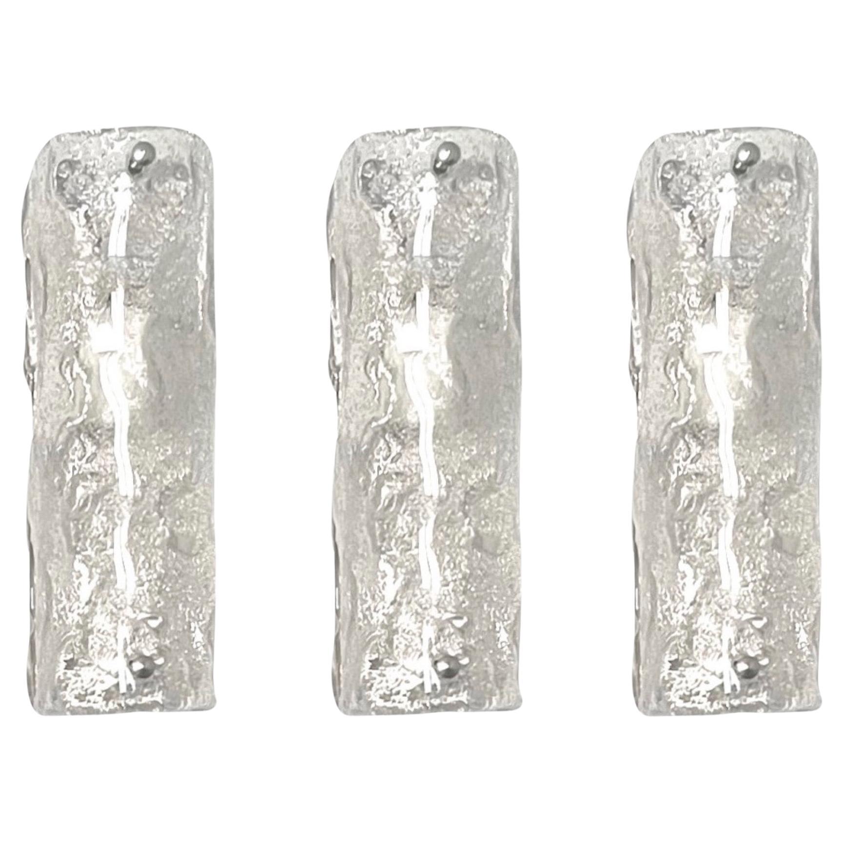 Italian Midcentury Set of Three Clear Murano Ice-Glass Wall Sconces, 1970s