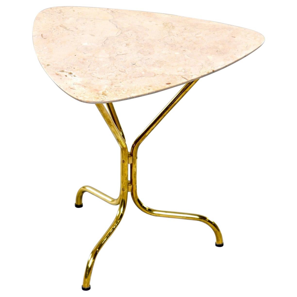 Italian Midcentury Side Table with Brass Base and Travertine Top