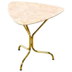 Italian Midcentury Side Table with Brass Base and Travertine Top
