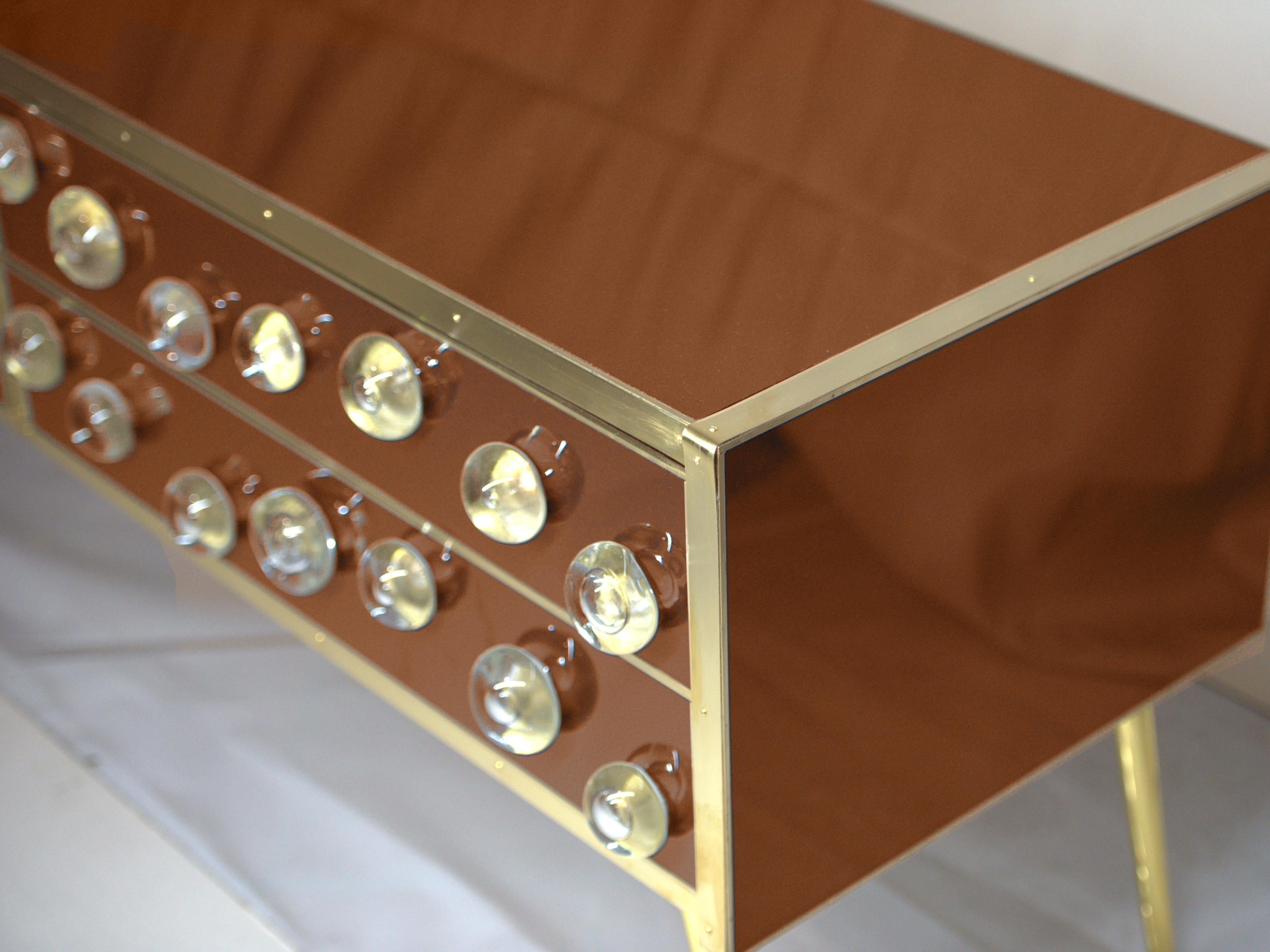 Mid-Century Modern Italian MidCentury Sideboard in Brown Murano Glass & Brass with 28 Jewels, 2020 For Sale