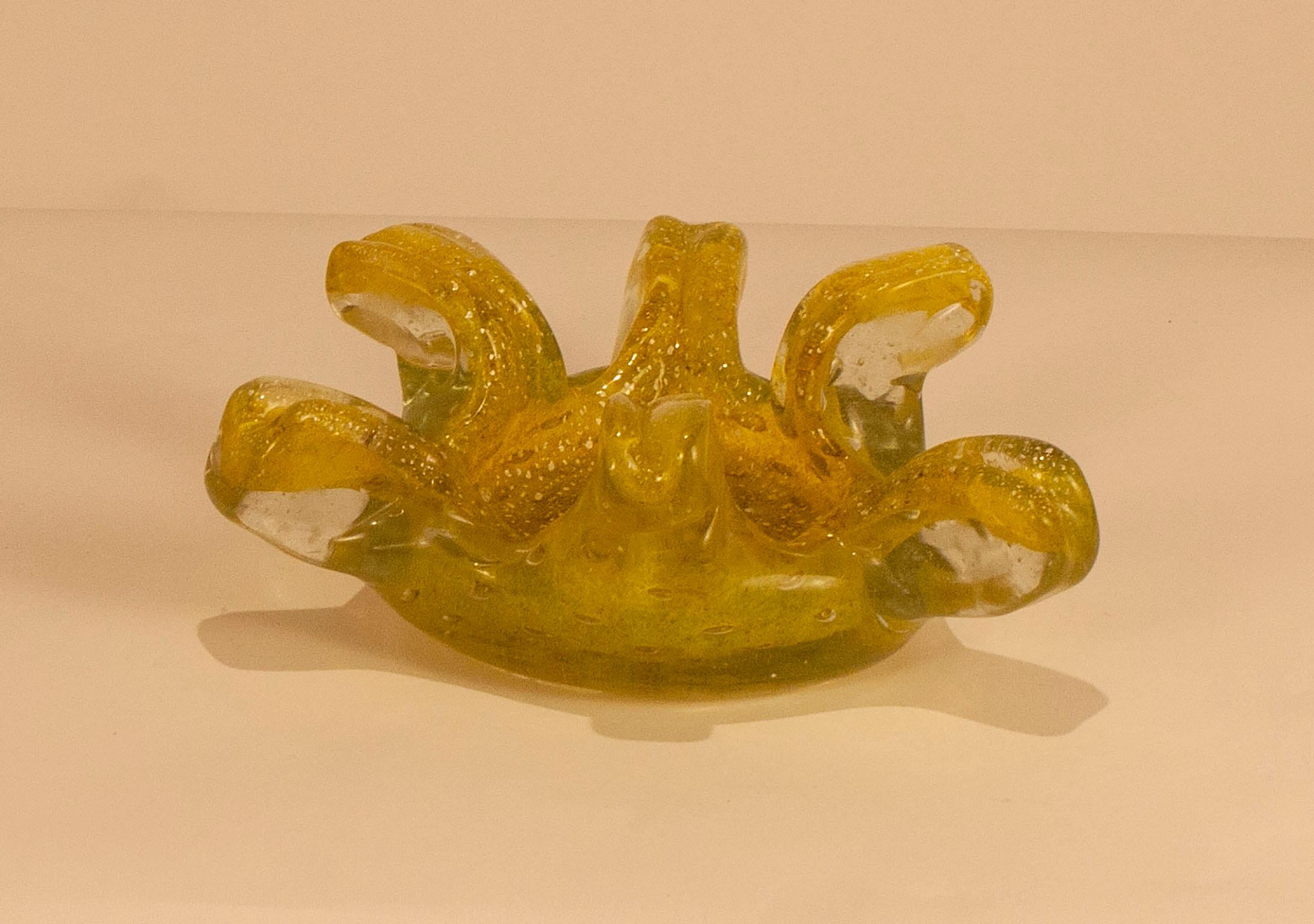 Italian Midcentury Silver Flecked Greenish Yellow Murano Glass Bowl 4